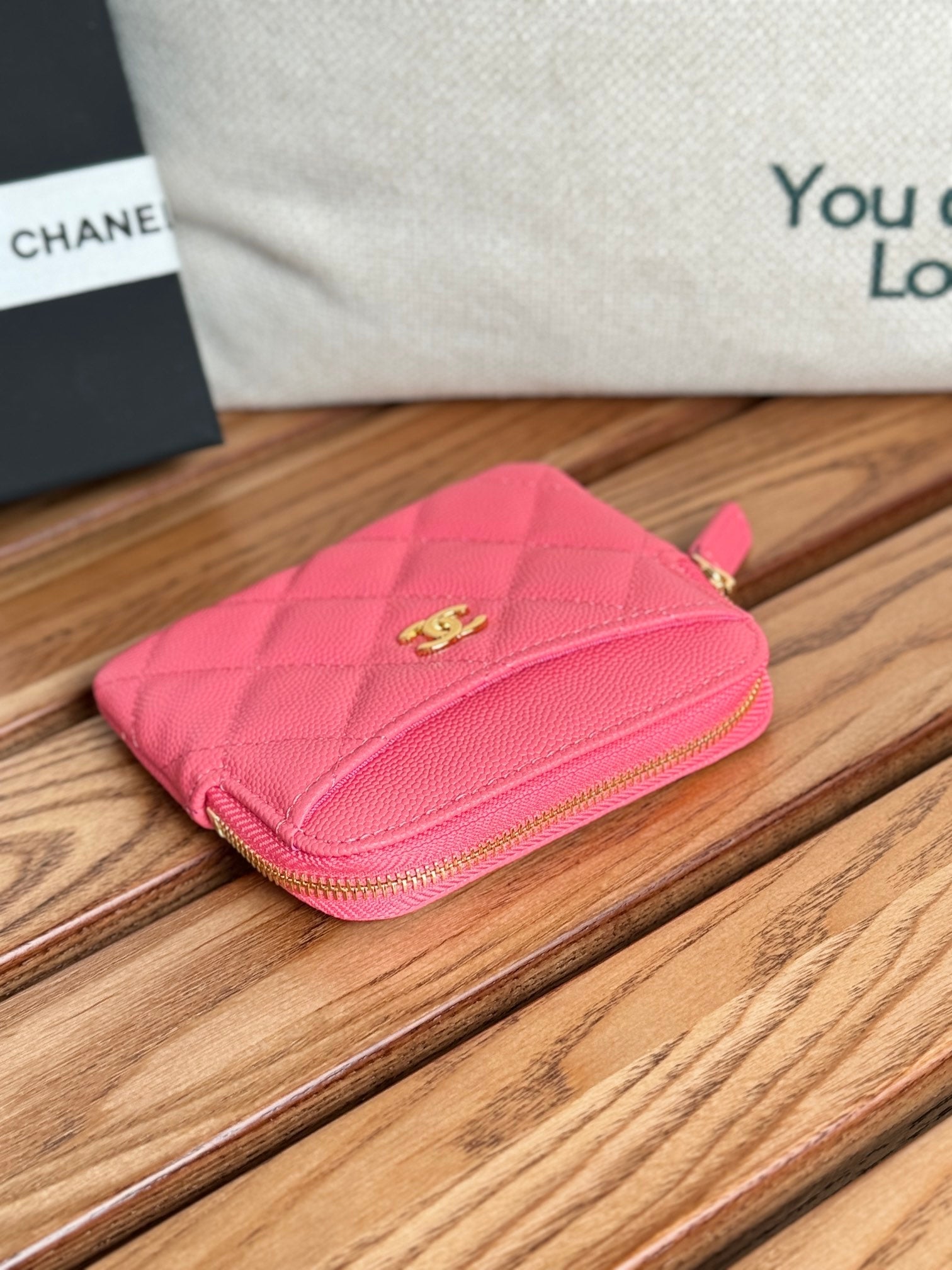 CC Zip Card Holder Wallet Pink Gold Metal Caviar 240613