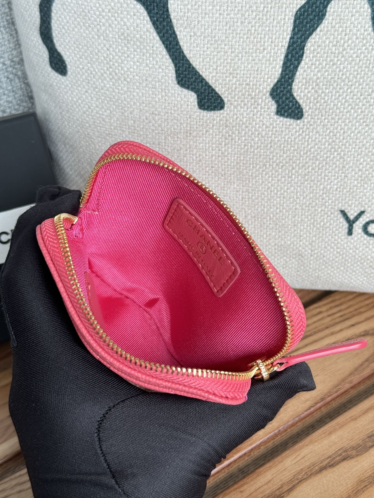 CC Zip Card Holder Wallet Pink Gold Metal Caviar 240613