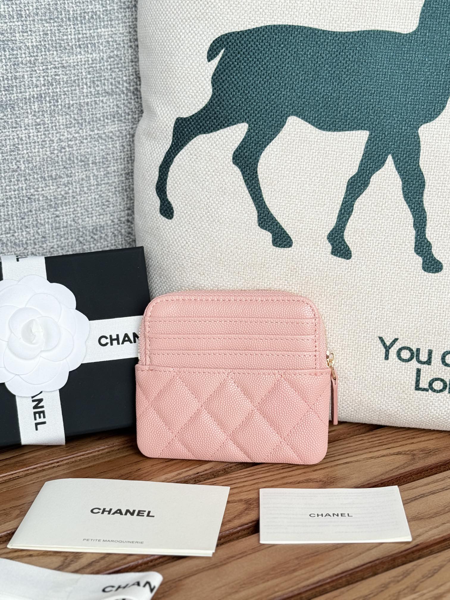 CC Zip Card Holder Wallet Light Pink Gold Metal Caviar 240615