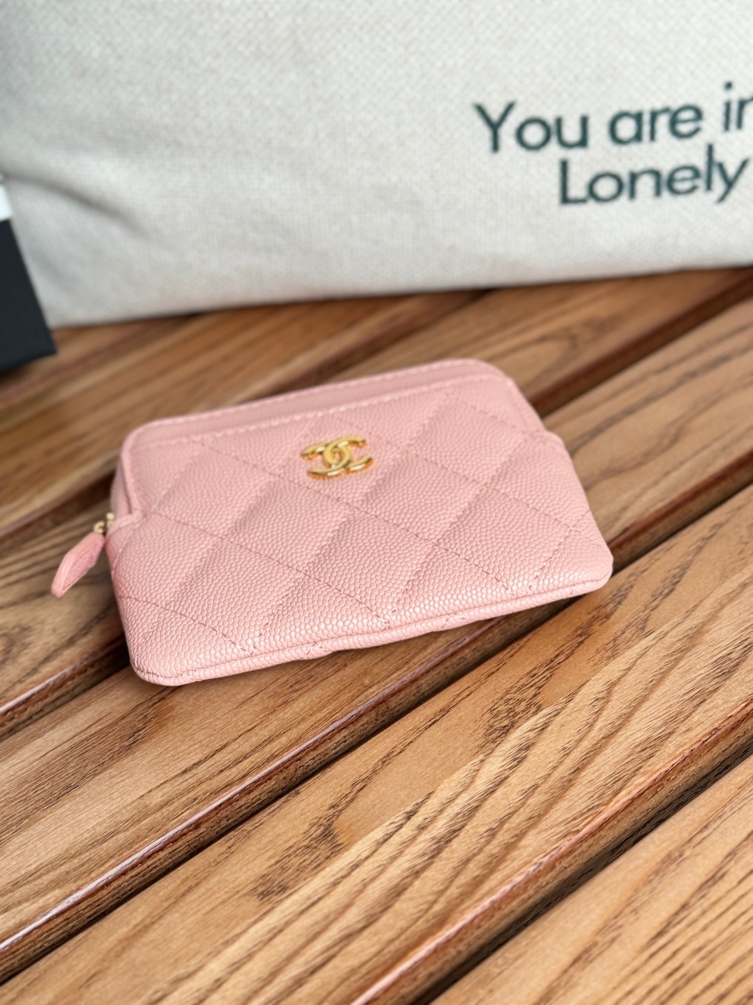 CC Zip Card Holder Wallet Light Pink Gold Metal Caviar 240615