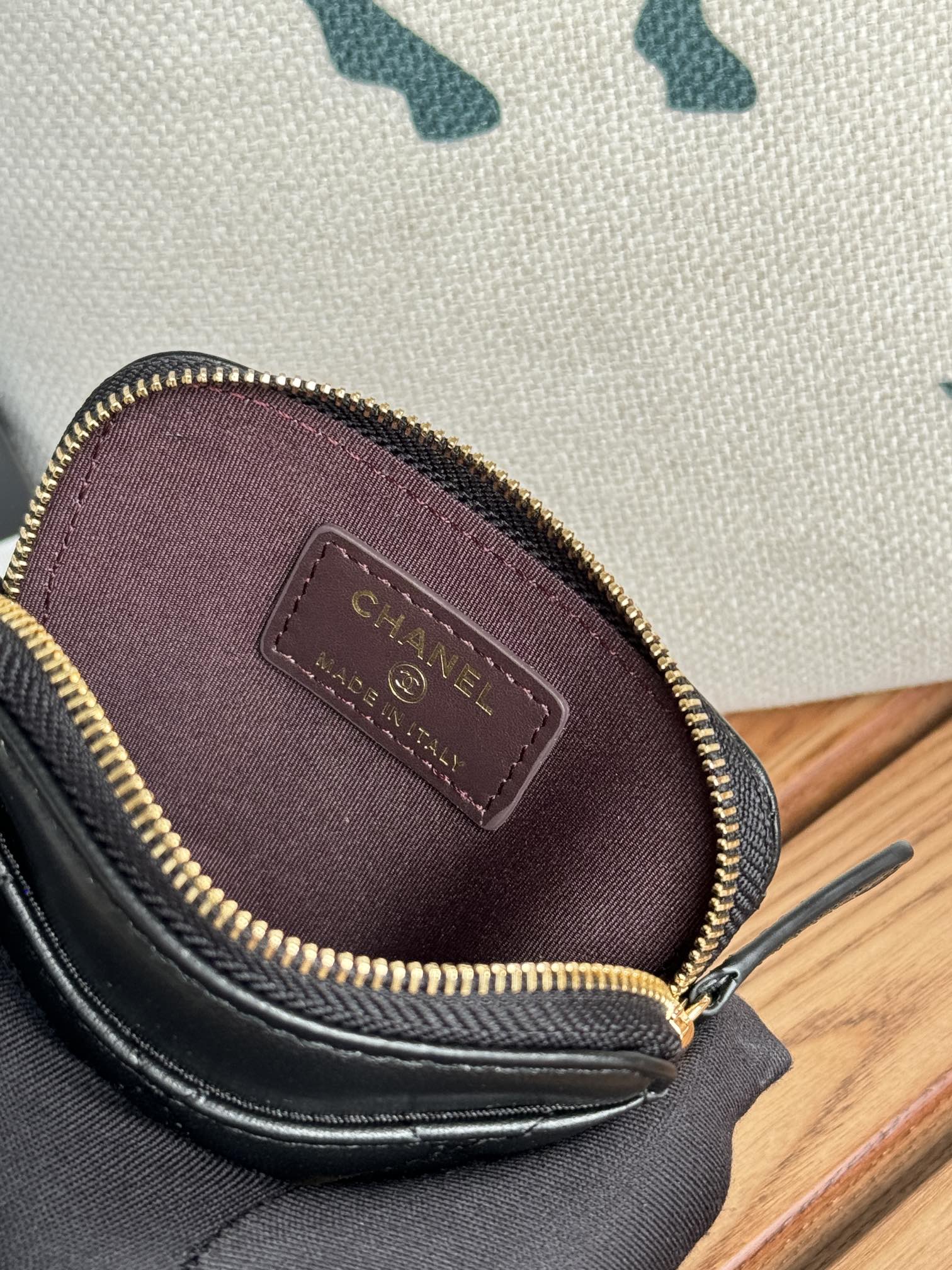 CC Zip Card Holder Wallet Black Gold Metal Lamskin 240617