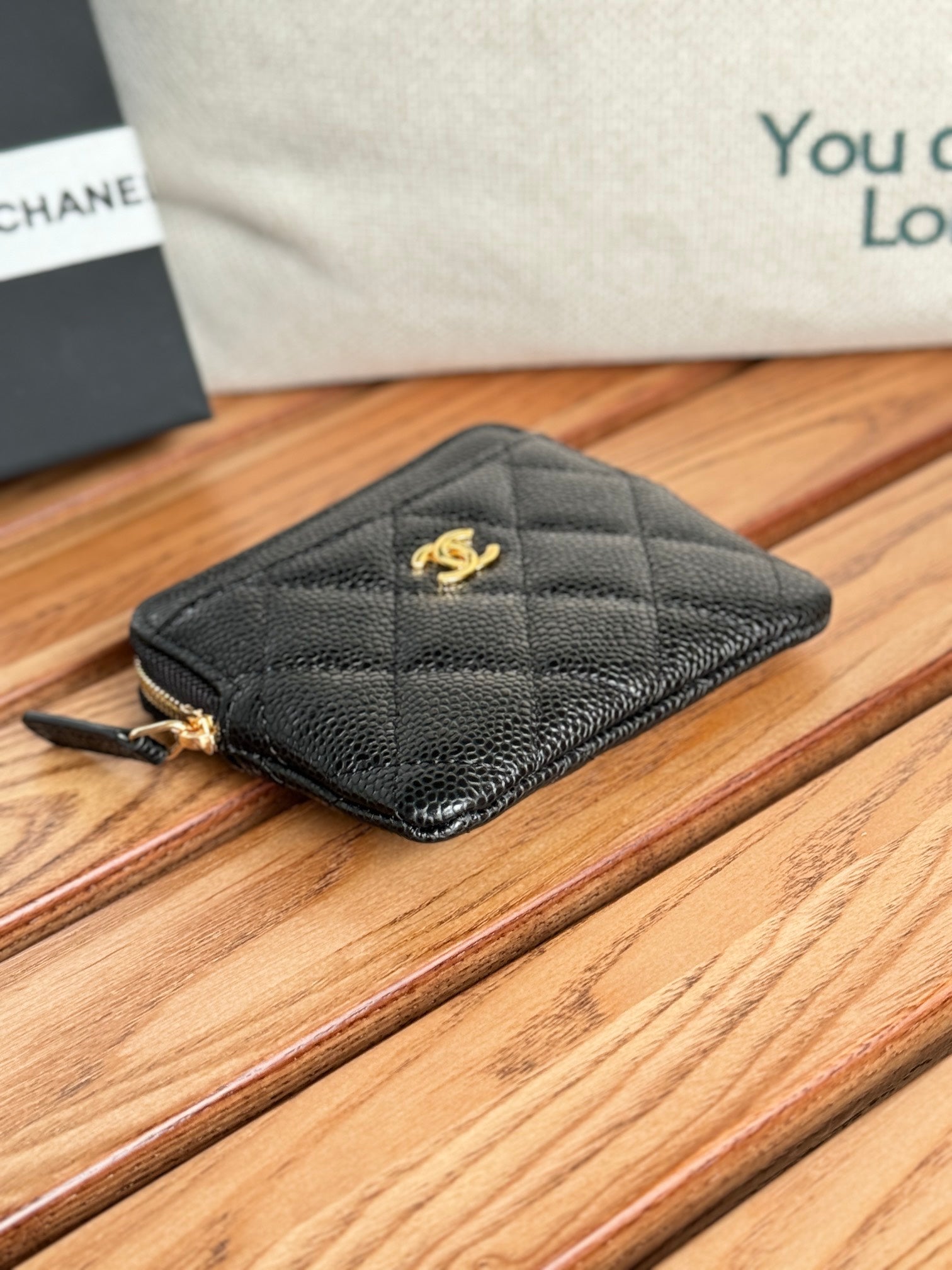 CC Zip Card Holder Wallet Black Gold Metal Caviar 240620