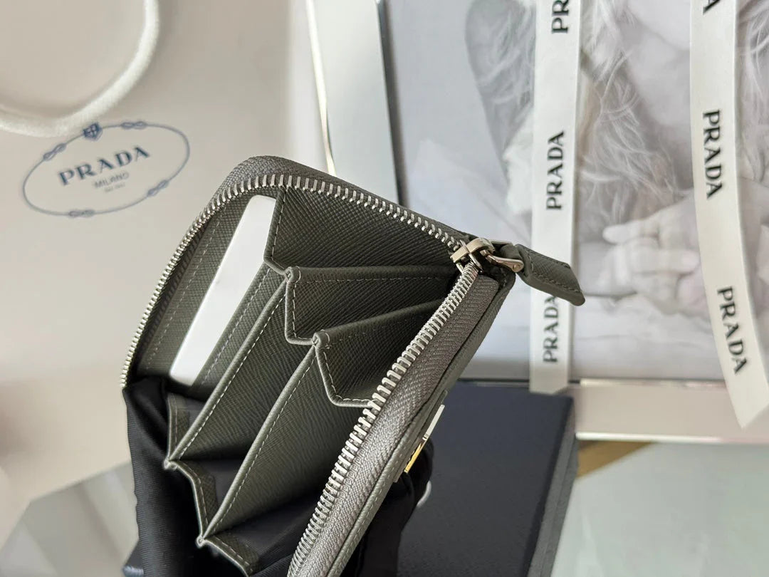 Prada 2026 Cardholder Zipper Bag 10cm Logo Silver Calfskin