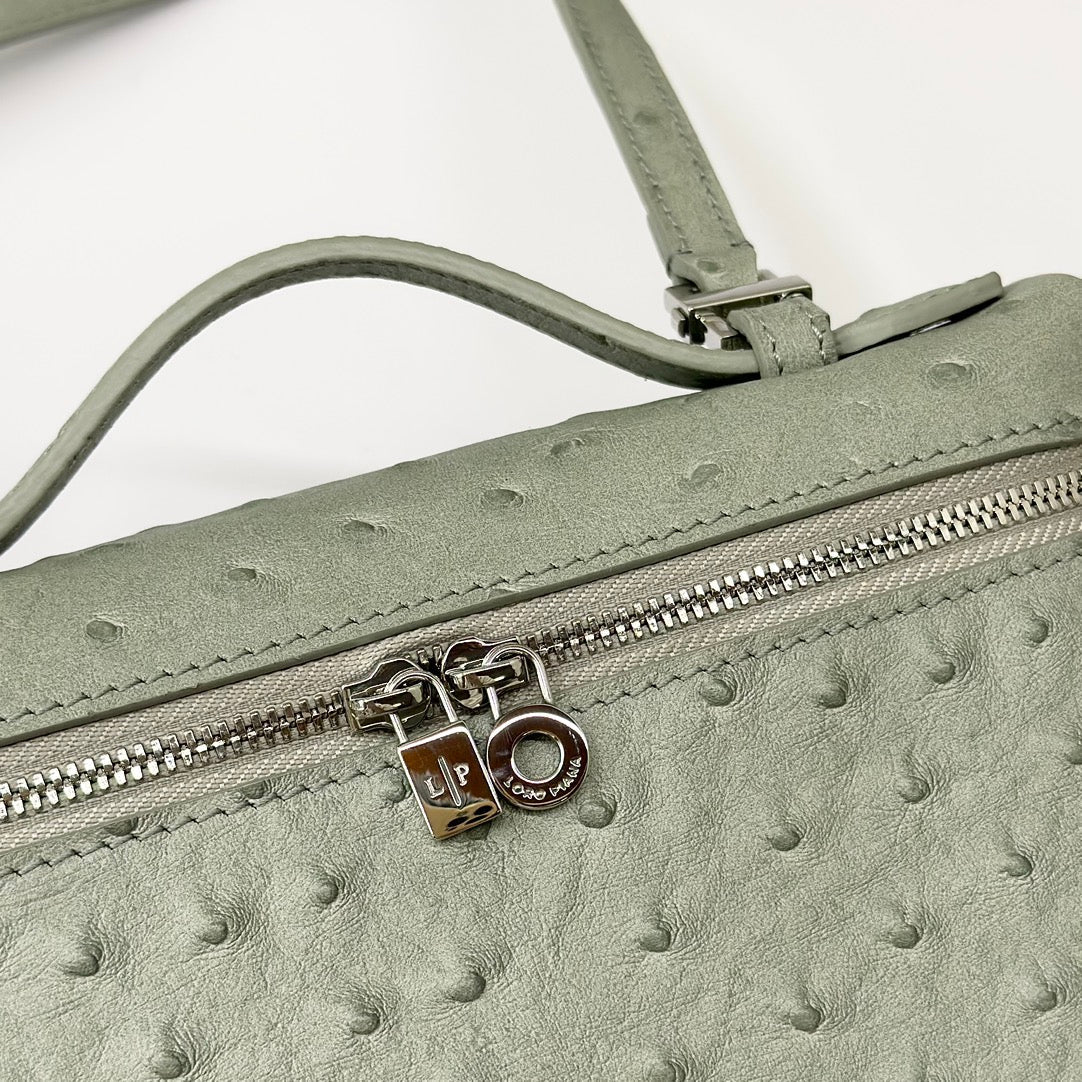 LP Extra Bag 19cm Ostrich Pattern Olive Gray Calfskin Silver Hardware