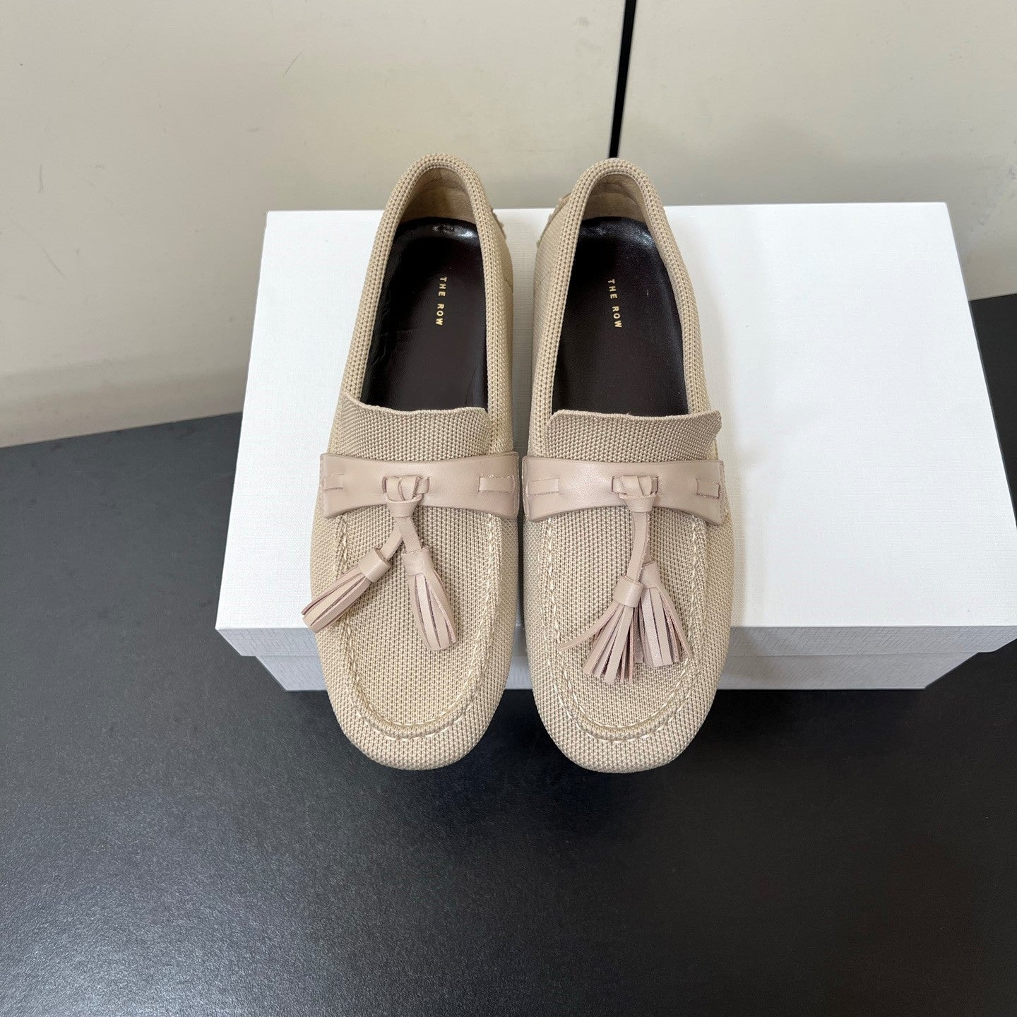 The Row Tassel-Knit Loafer Beige Canvas And Sheepskin 339995