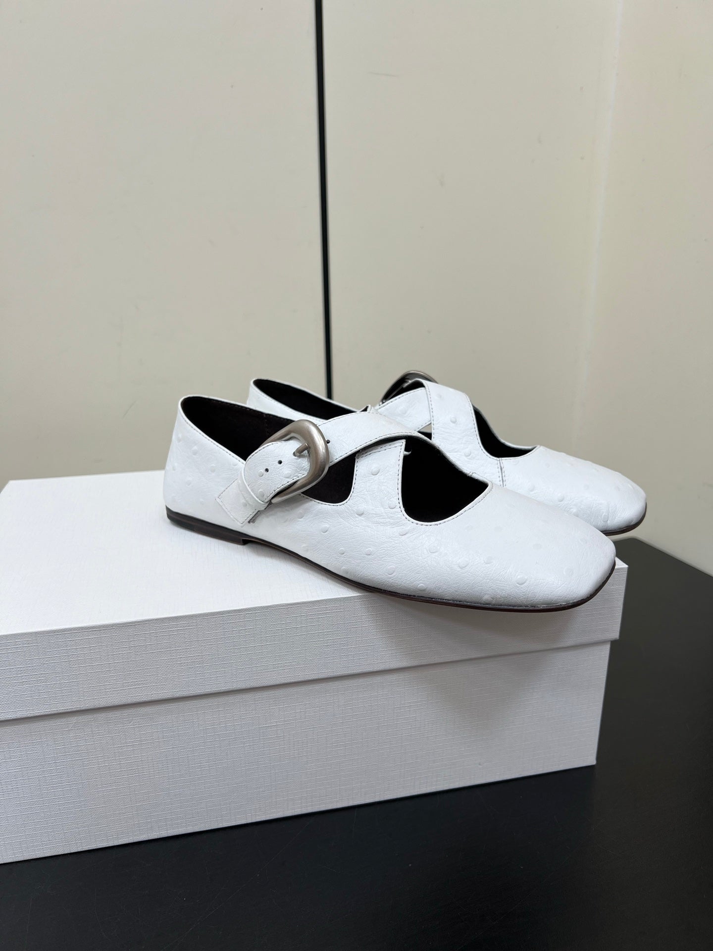 The Row Gaia Criss Mary Jane White Ostrich Leather 340002