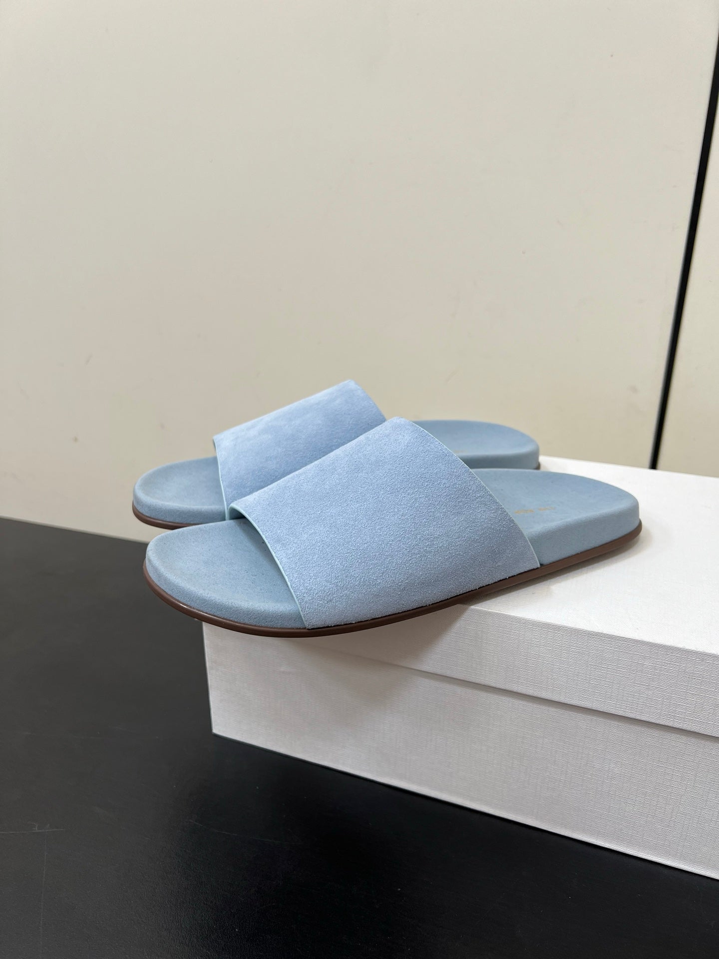 The Row Slippers In Baby Blue Suede 340021