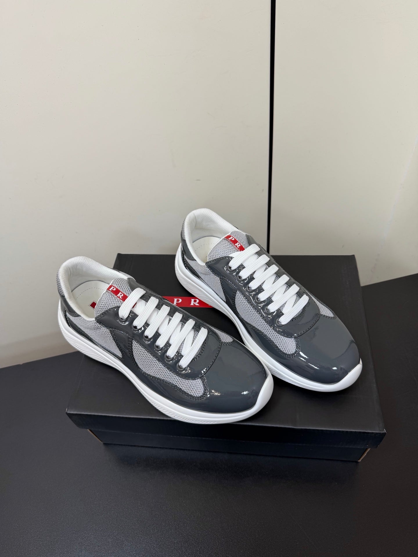 Prada America's Cup Sneaker Dark Grey White Patent Leather Mesh 618928