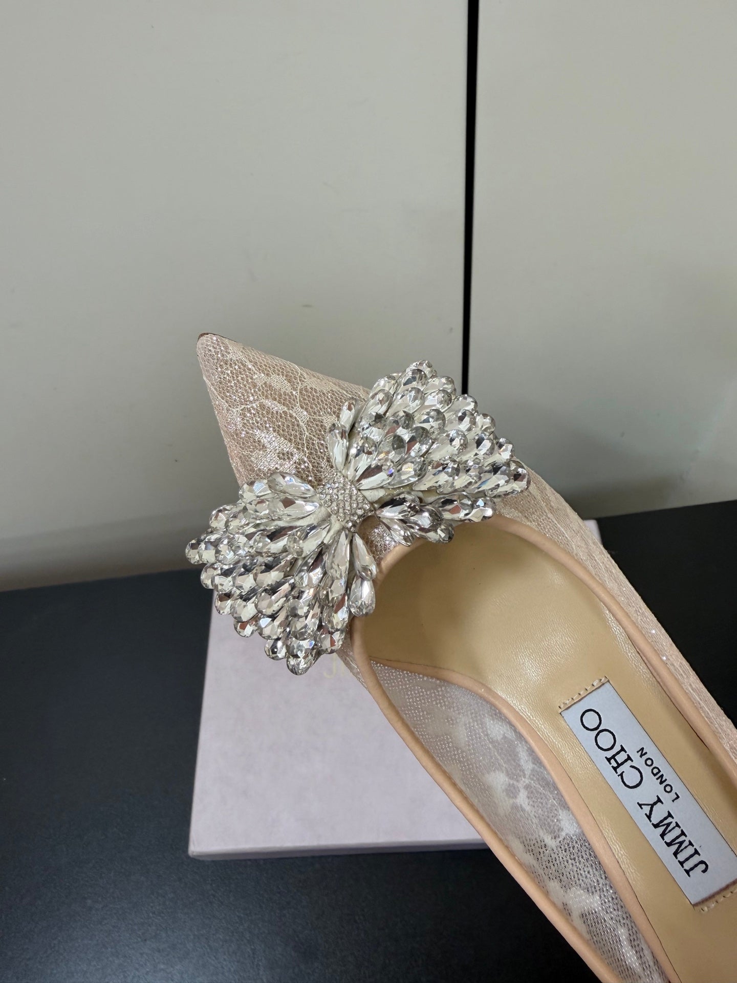 JC Pointed Toe Shoes 6.5cm Rhinestone Bow Single Pink Mesh 618818