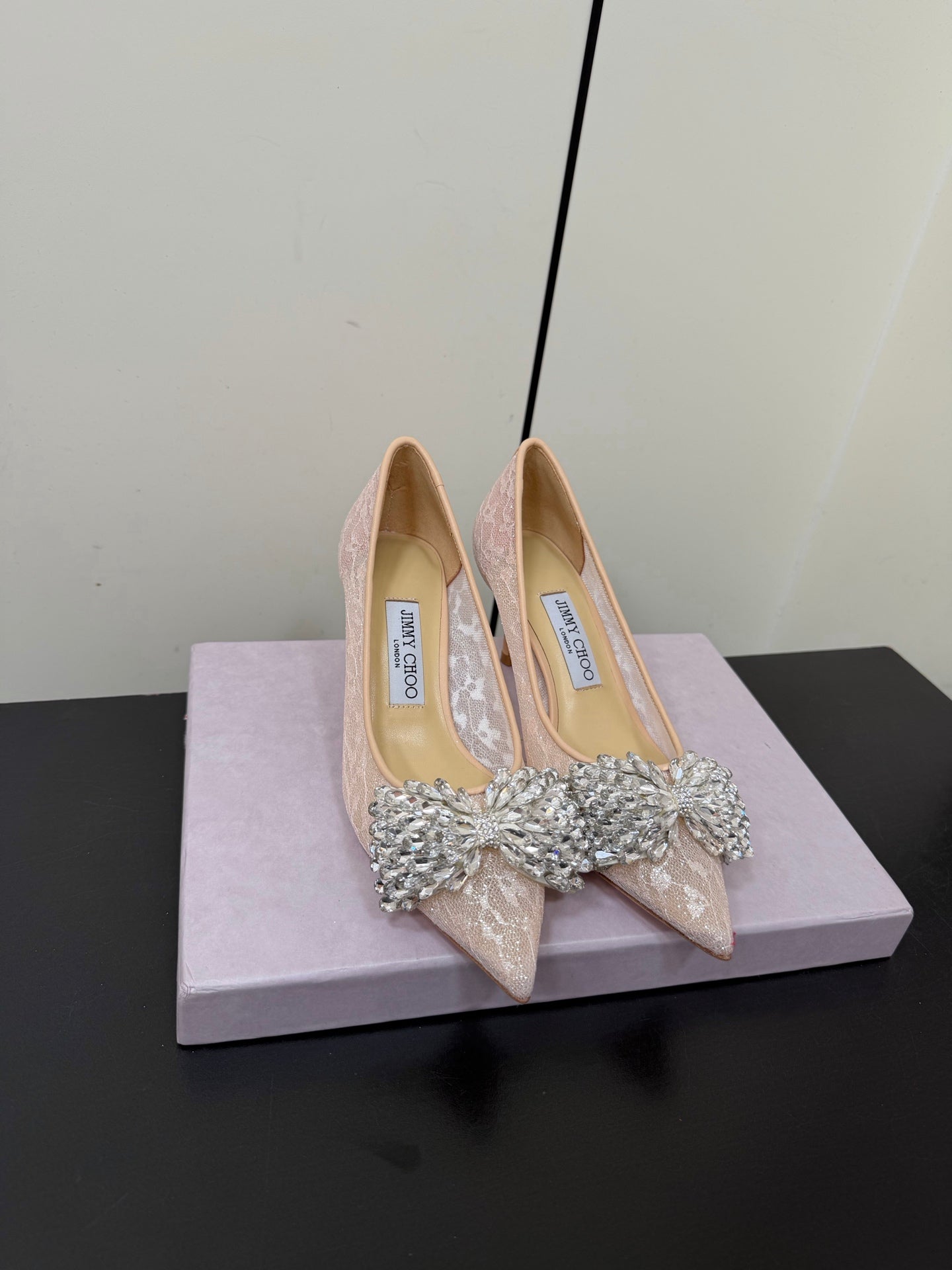 JC Pointed Toe Shoes 6.5cm Rhinestone Bow Single Pink Mesh 618818