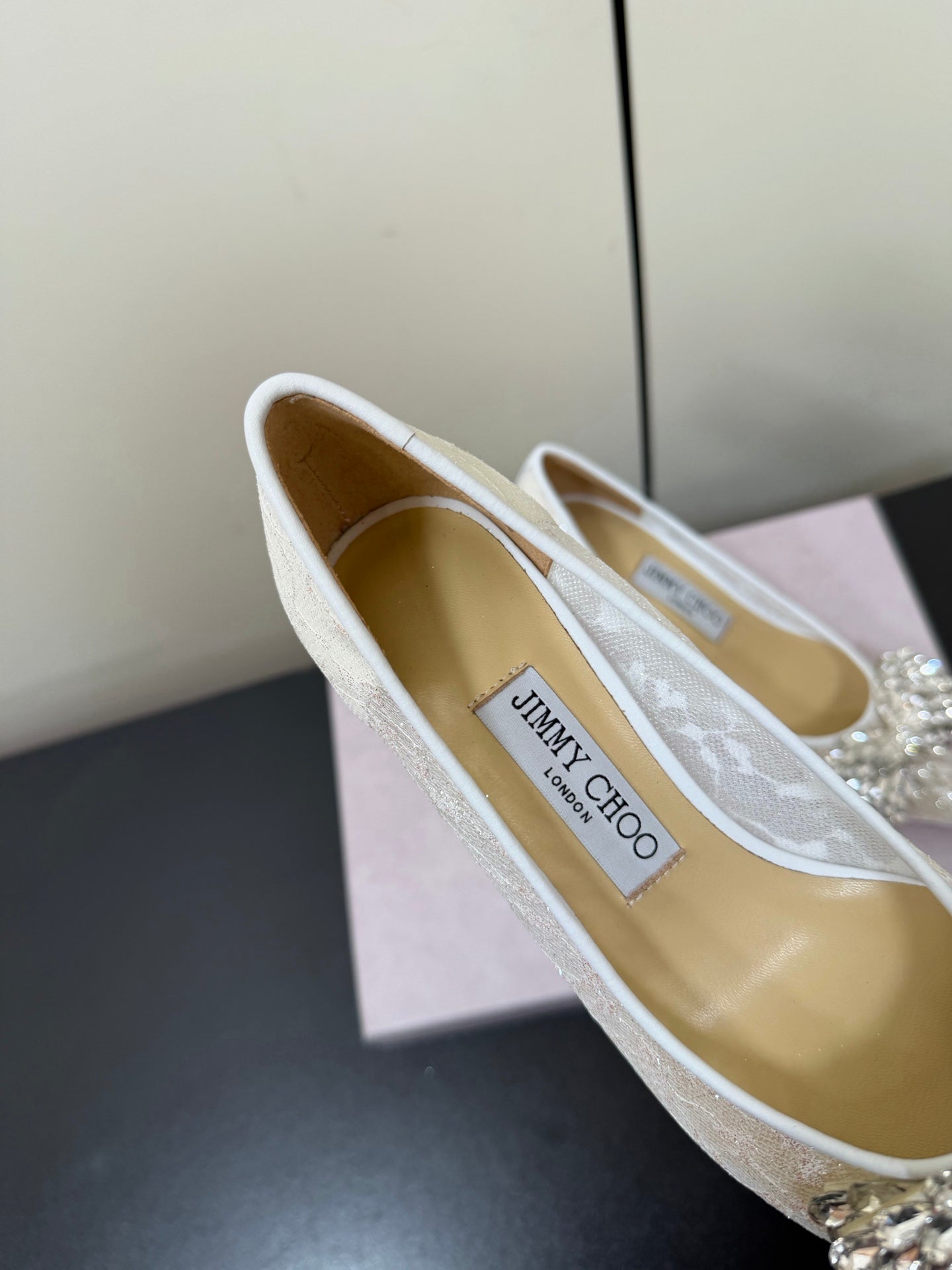 JC Pointed Toe Shoes 6.5cm Rhinestone Bow Single White Mesh 618819