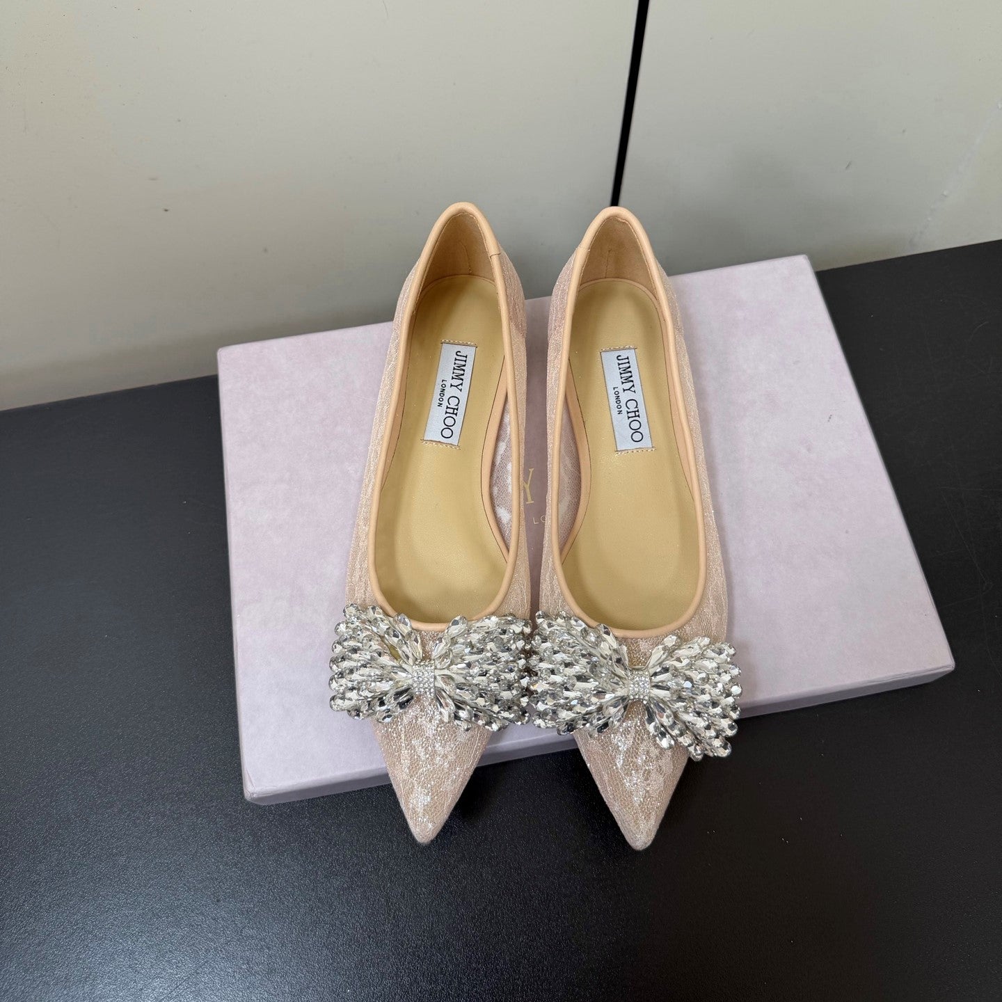 JC Pointed Toe Shoes Rhinestone Bow Single Pink Mesh 618820