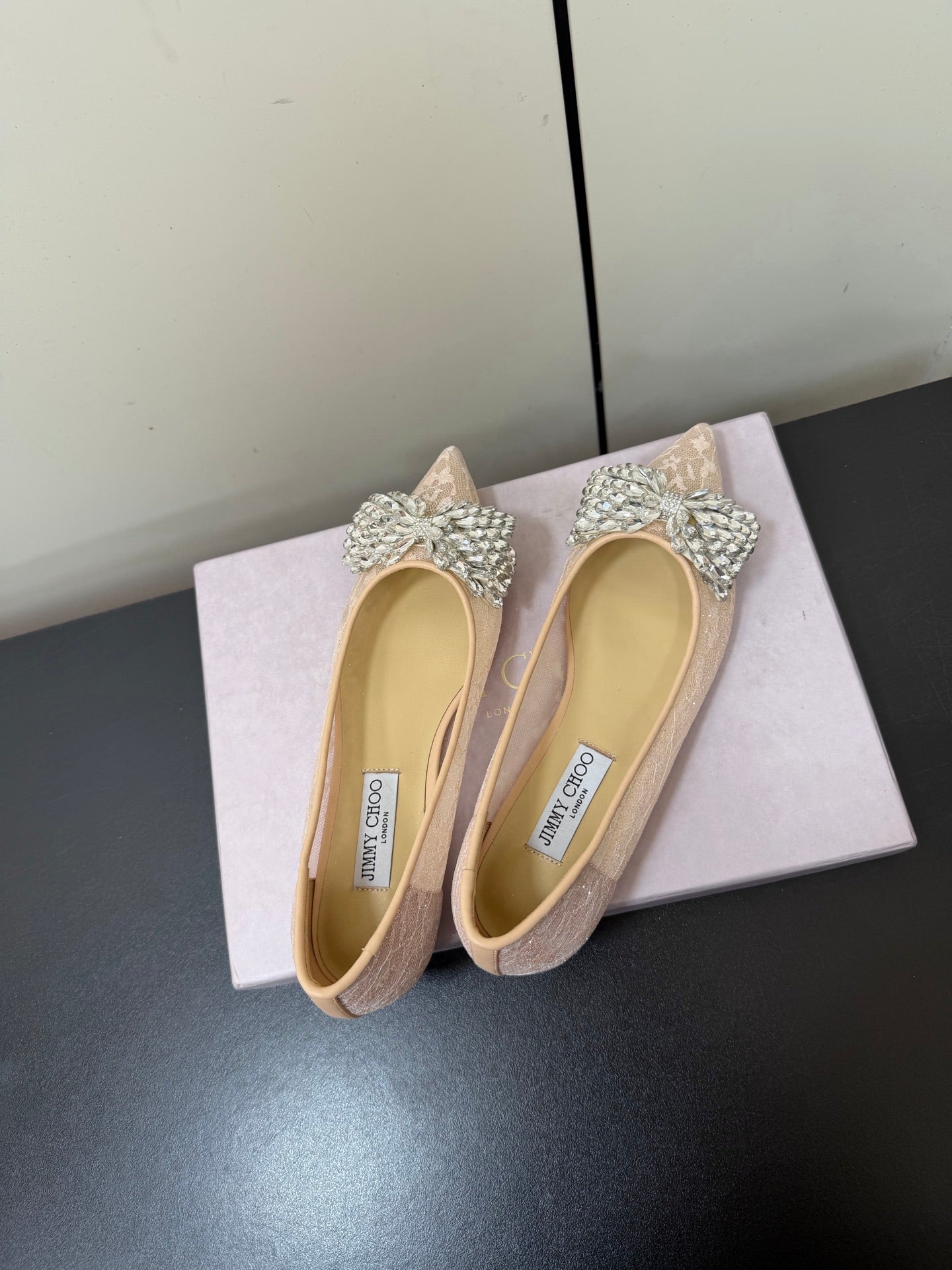 JC Pointed Toe Shoes Rhinestone Bow Single Pink Mesh 618820