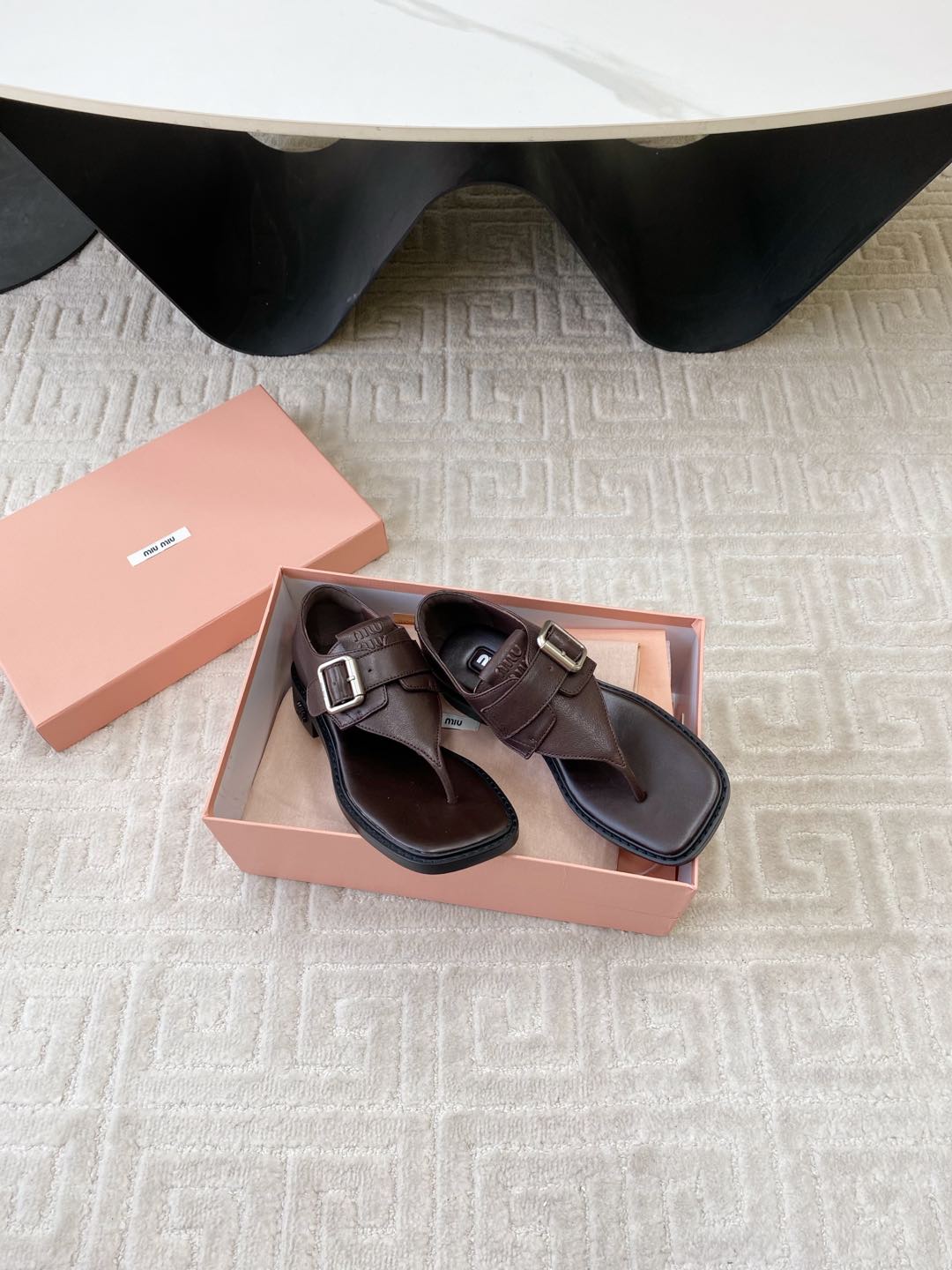 Miu Thong Sandals In Espresso Brown Lambskin With Silver Buckle