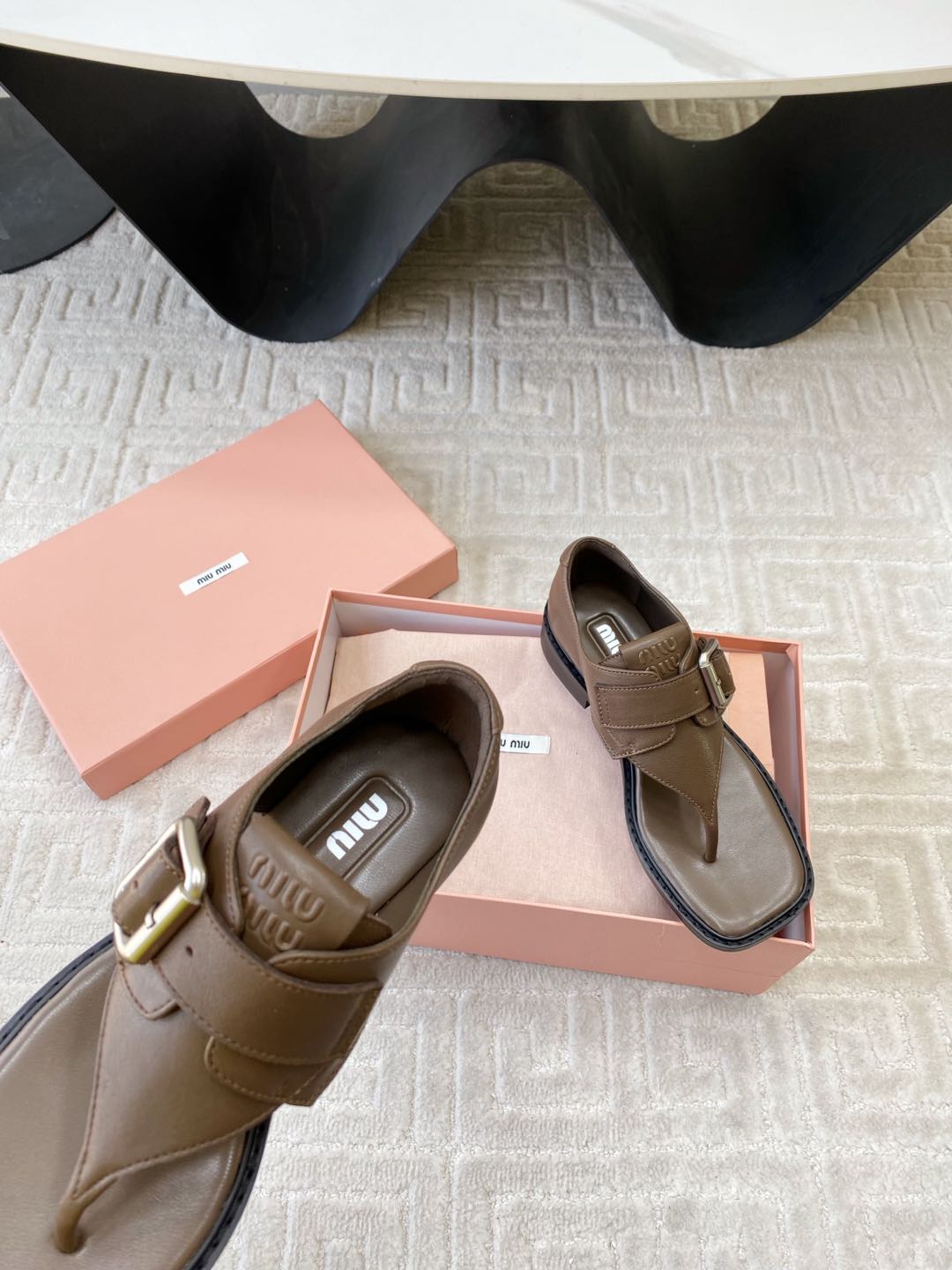 Miu Thong Sandals In Coffee Brown Lambskin With Silver Buckle