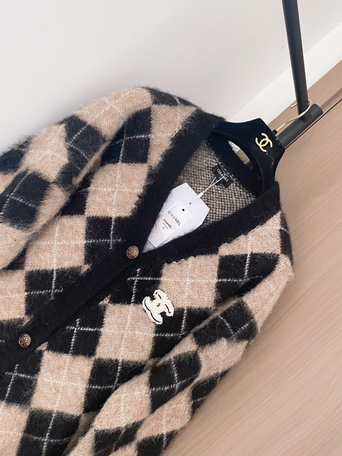 Chanel 2025 Plaid Cardigan Black mix Beige Wool Cashmere