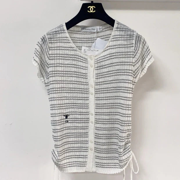 Dior 2026 Striped Short-Sleeve Cardigan White Grey Acrylic 463518