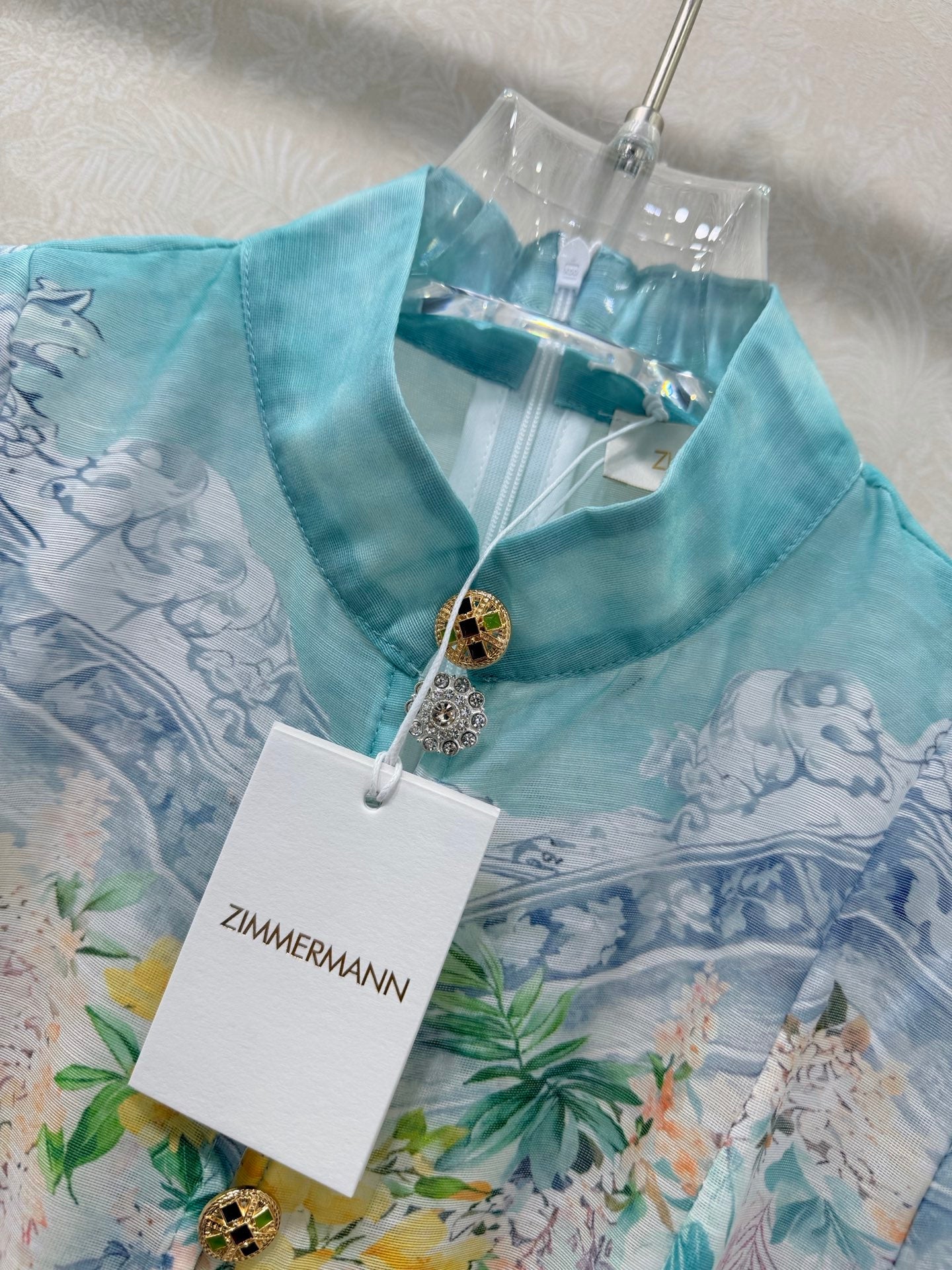 Zimmermann Jude Floral-Print Mini Dress Ivory Turquoise Cotton 347296
