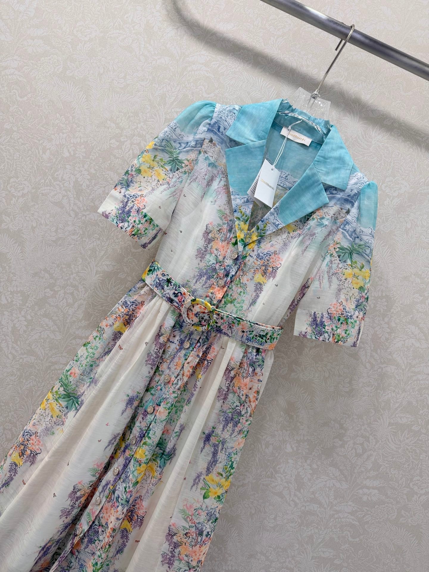 Zimmermann V-neckline Jude Floral-Print Mini Dress Aqua Gradient Floral Cotton 342119