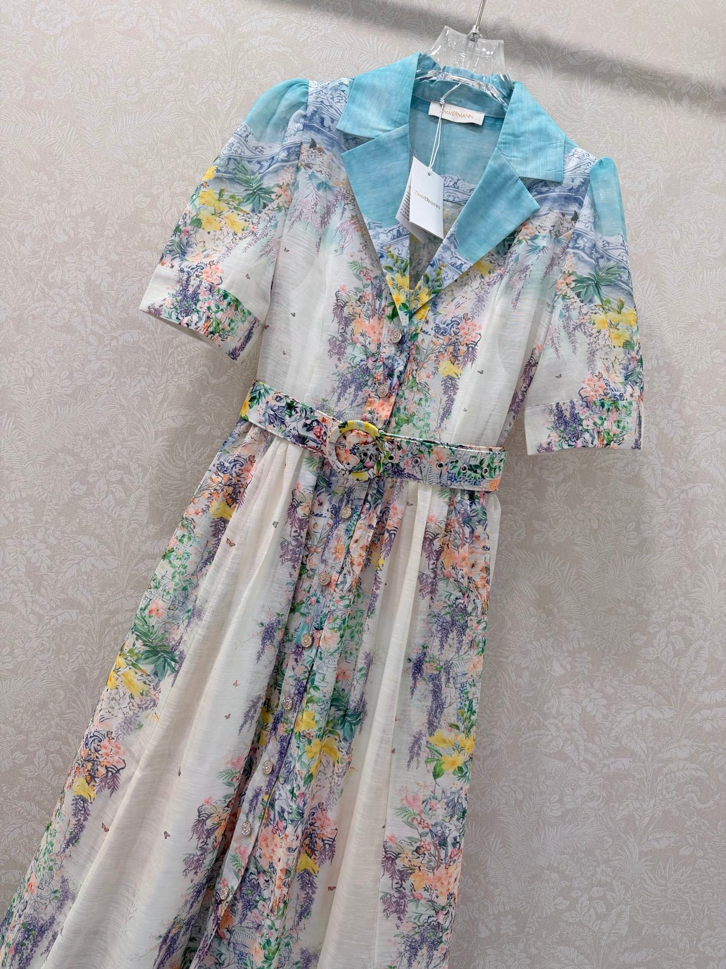 Zimmermann V-neckline Jude Floral-Print Mini Dress Aqua Gradient Floral Cotton 342119
