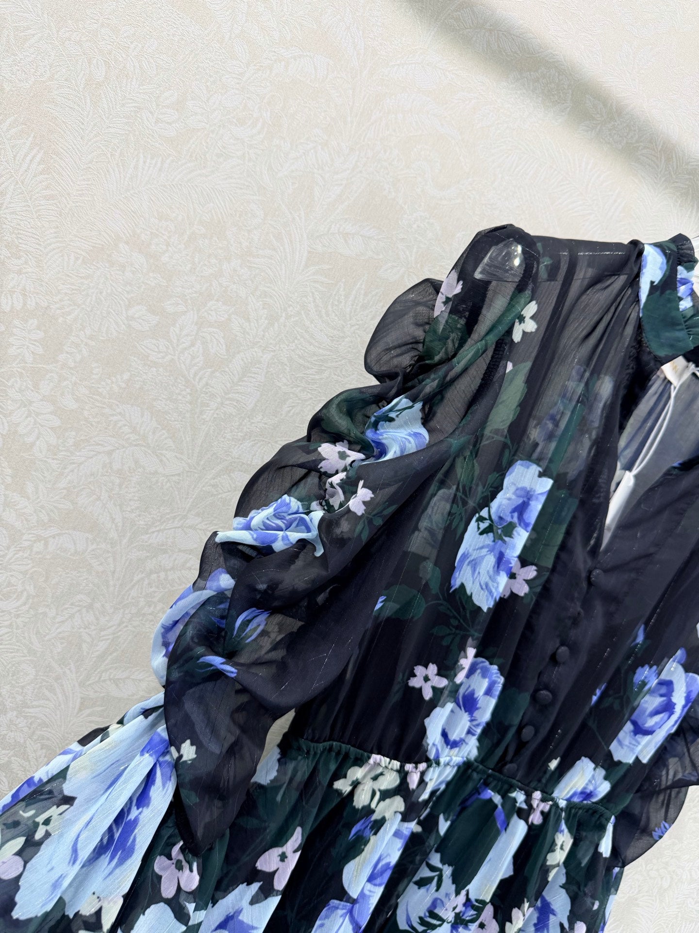 Zimmermann Georgette V-Neck Dress Black Blue Flower Cotton 342115
