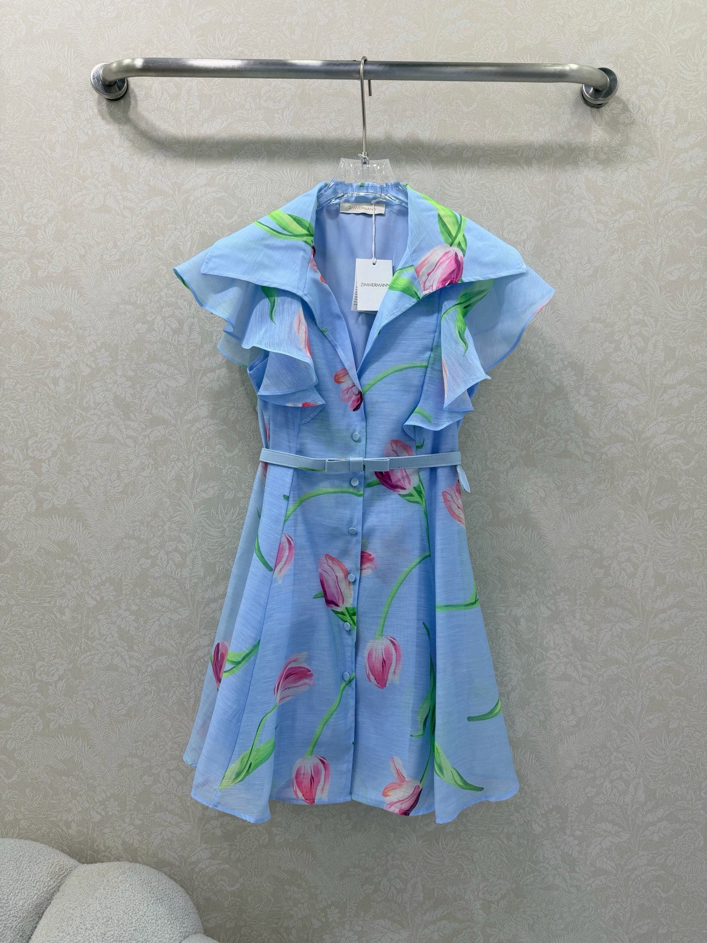 Zimmermann Isla Short Dress Light Blue Floral Pattern Cotton 347303