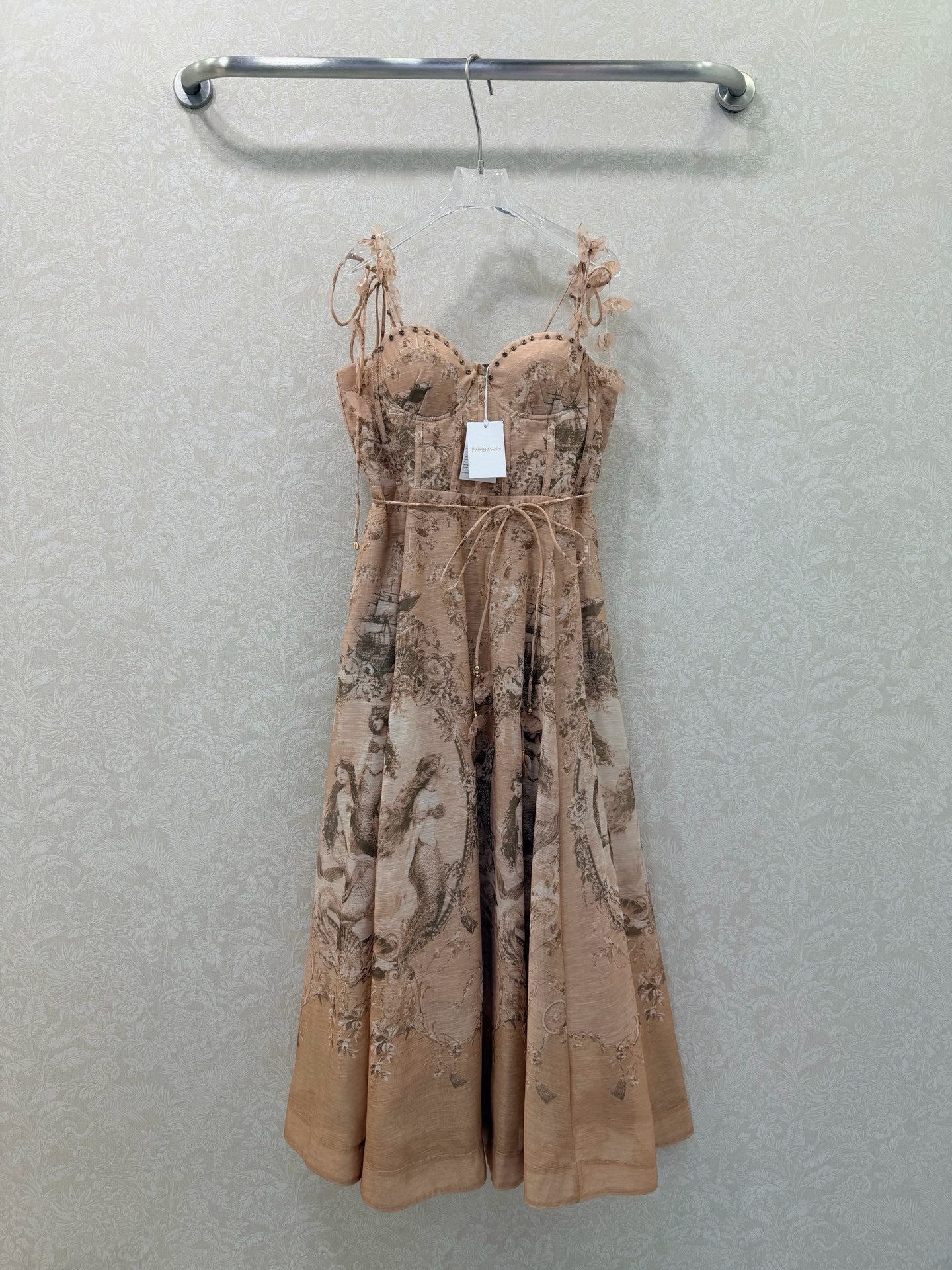 Zimmermann Crush Twist Front Midi Dress Peach Lace Print Cotton 347278