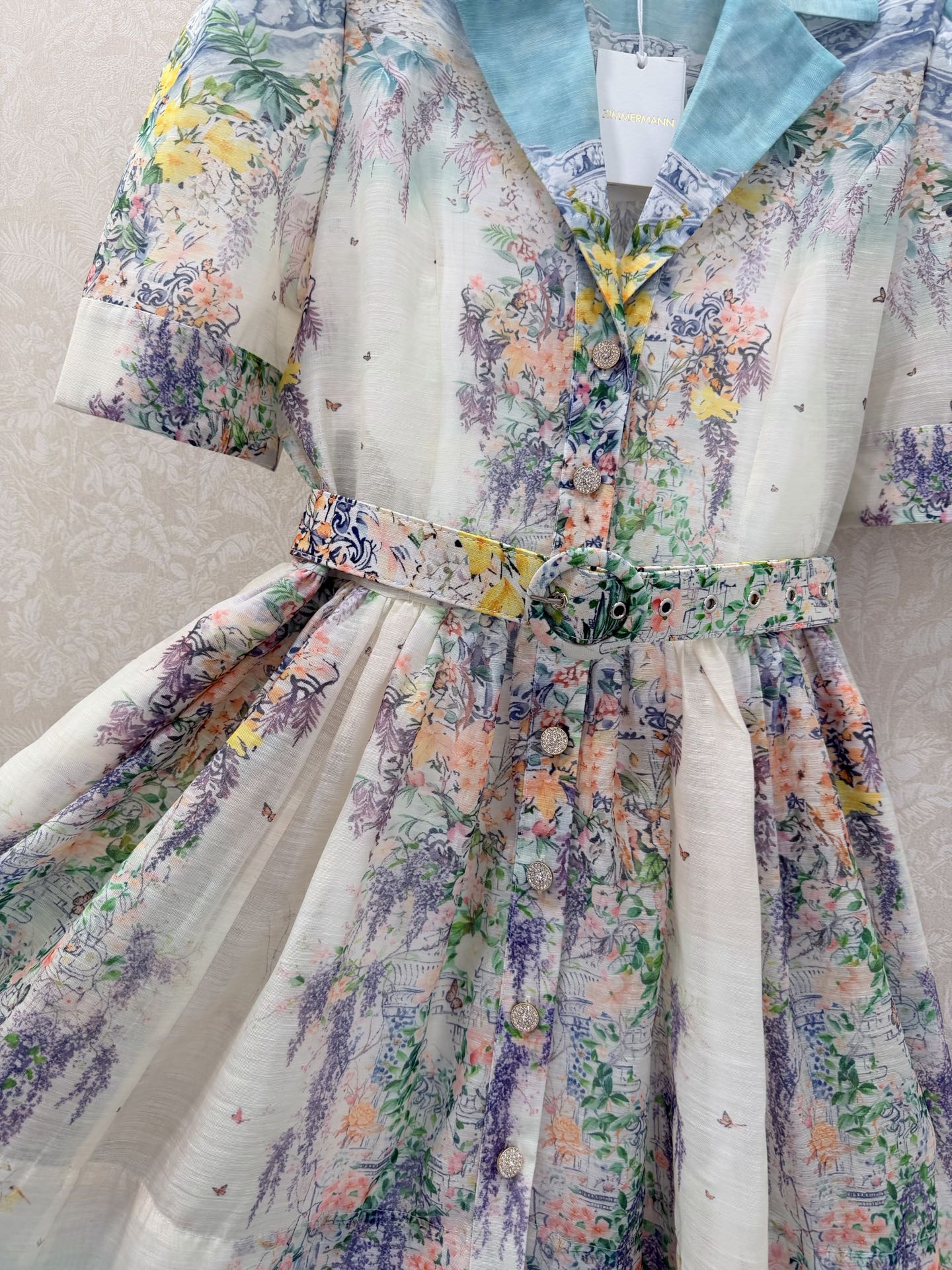 Zimmermann Peggy Print Short Sleeve Dress Ivory Blue Floral Cotton 347199