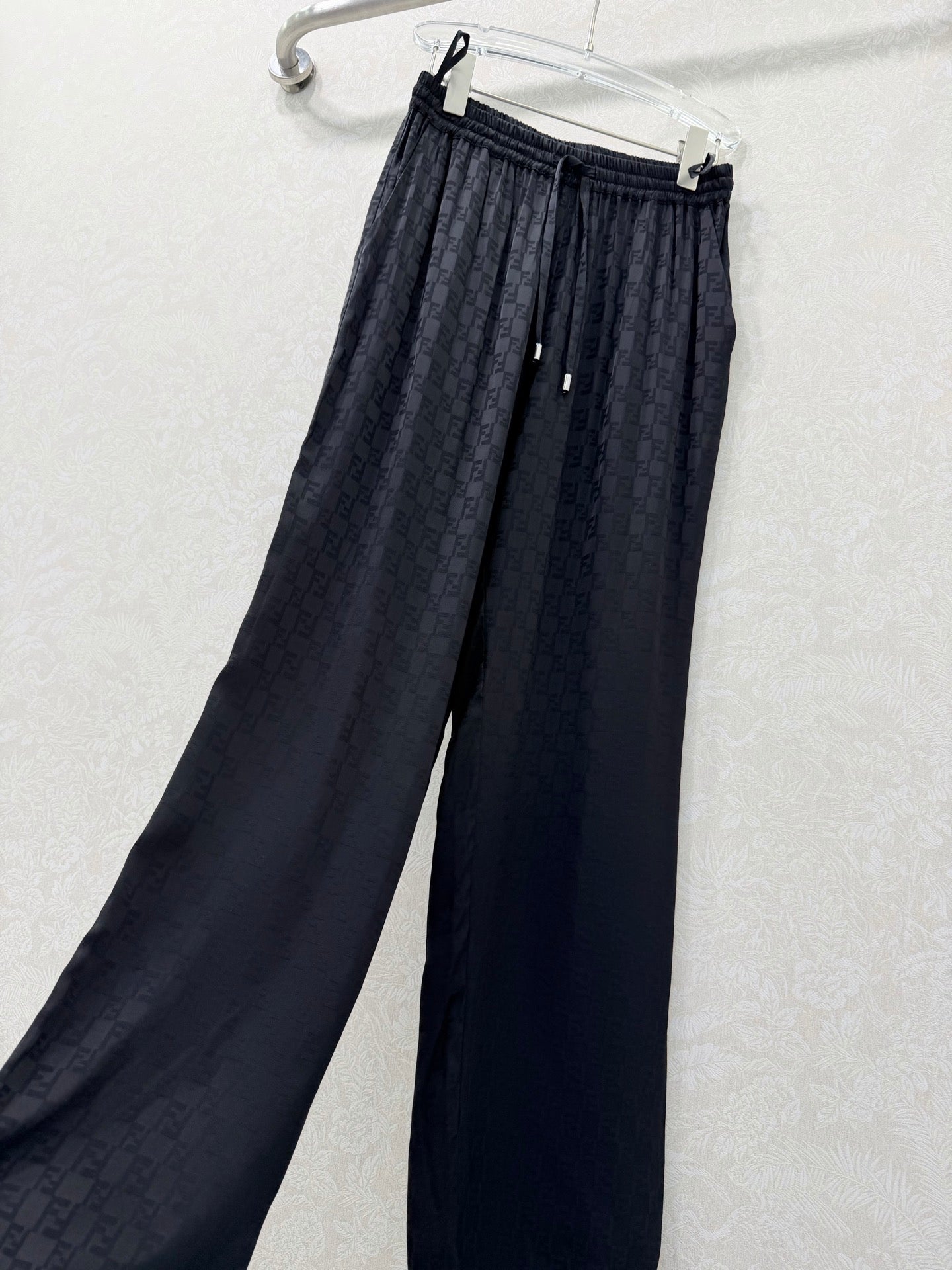 Fendi 26s Wide-Leg Trousers Jacquard Pattern Black Rayon Cotton