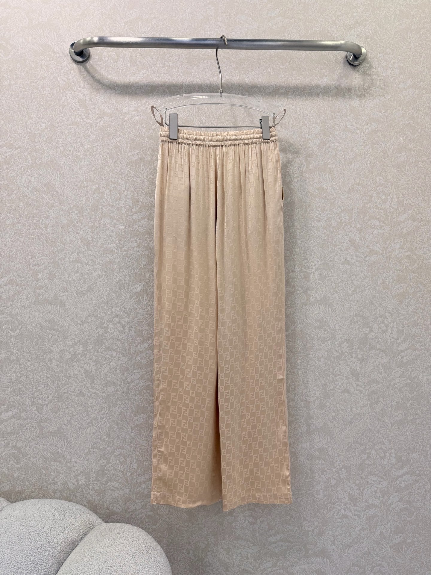 Fendi 26s Wide-Leg Trousers Jacquard Pattern Beige Rayon Cotton