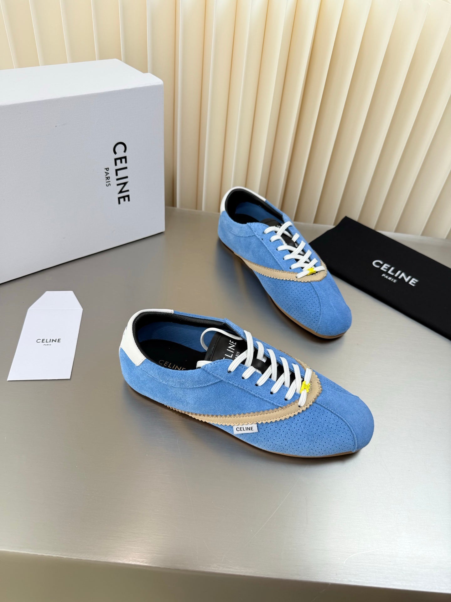 Celine 26 Flat Sneaker Beige Blue Leather Suede 989412