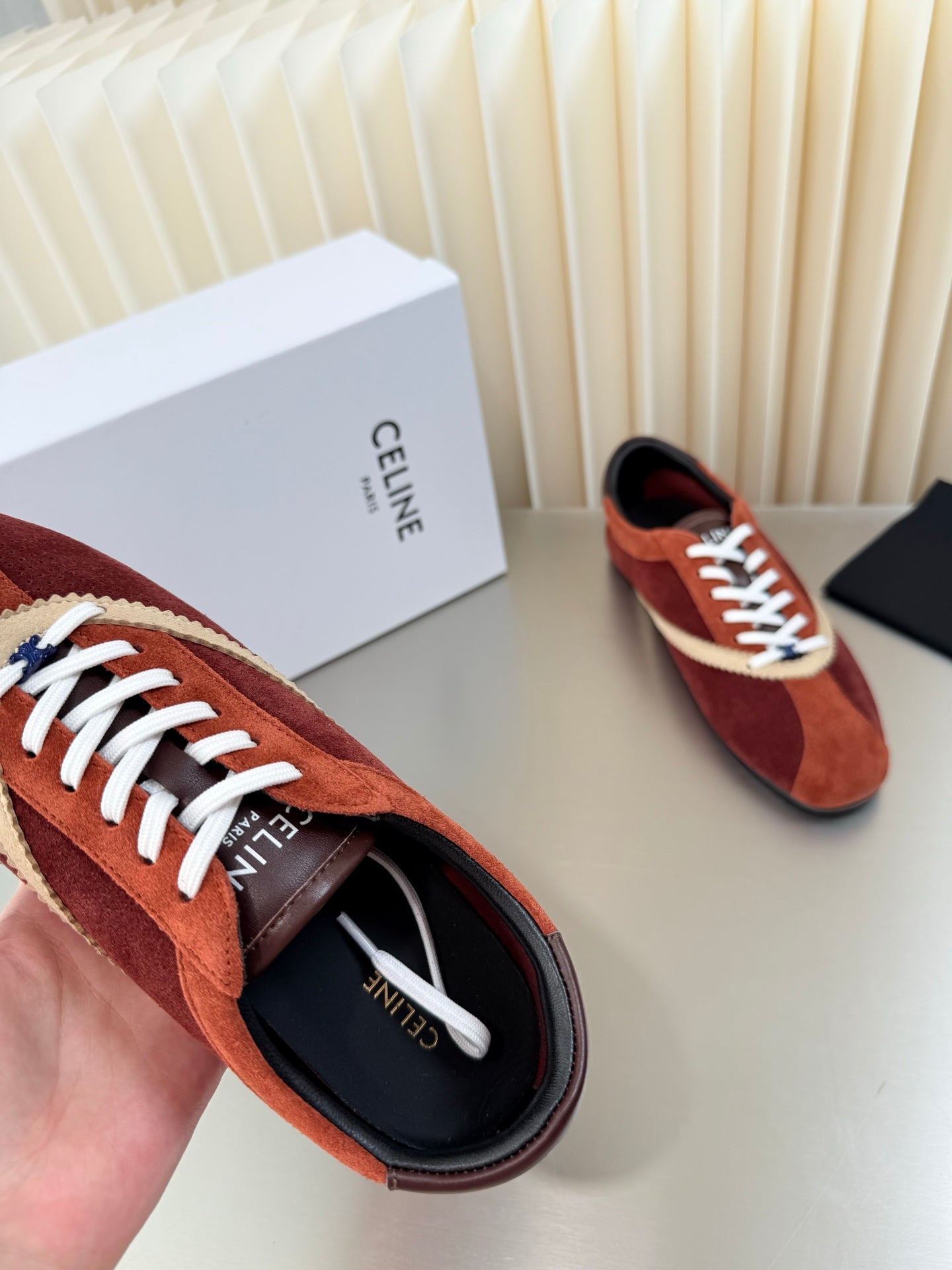 Celine 26 Flat Sneaker Brown White Leather Suede 989414