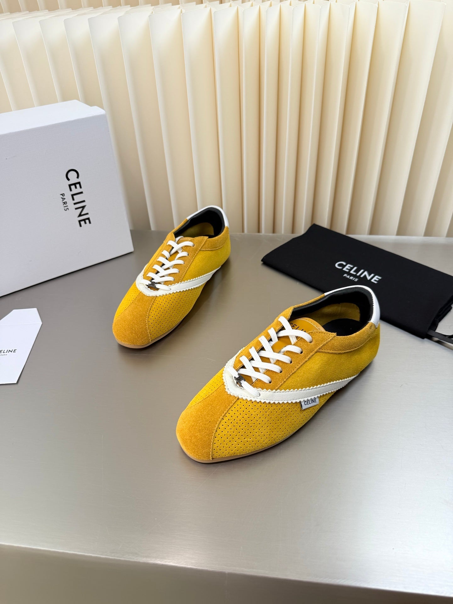 Celine 26 Flat Sneaker Yellow White Leather Suede 624715
