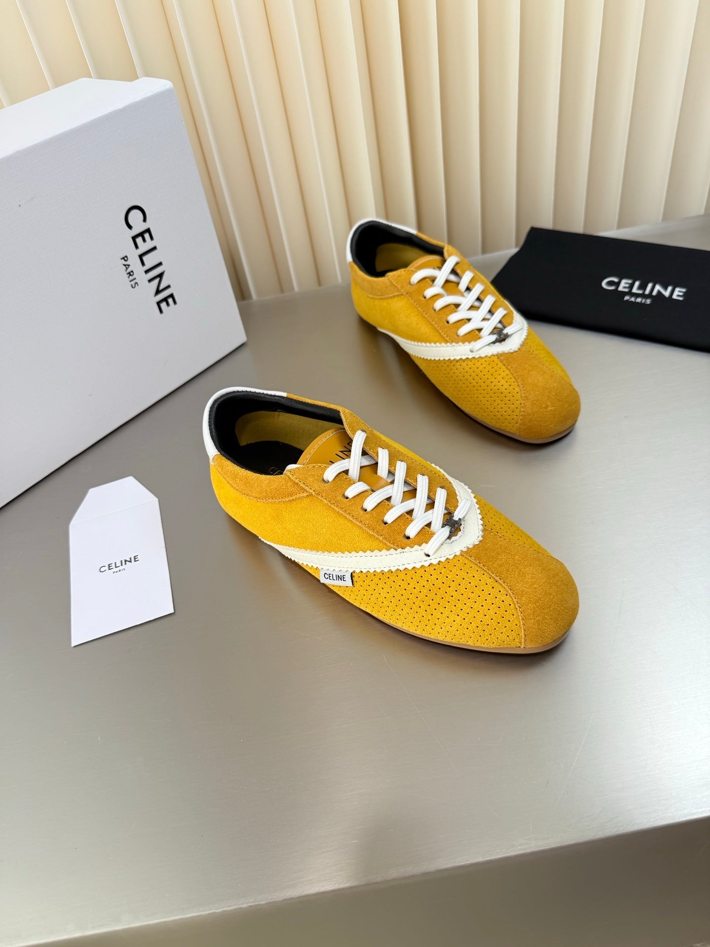Celine 26 Flat Sneaker Yellow White Leather Suede 624715
