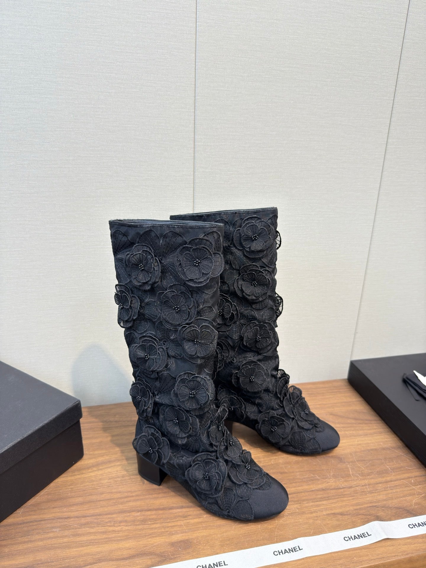 CC 25b Camellia Flower Long Boots 40mm Black Mesh & Frabic 429750
