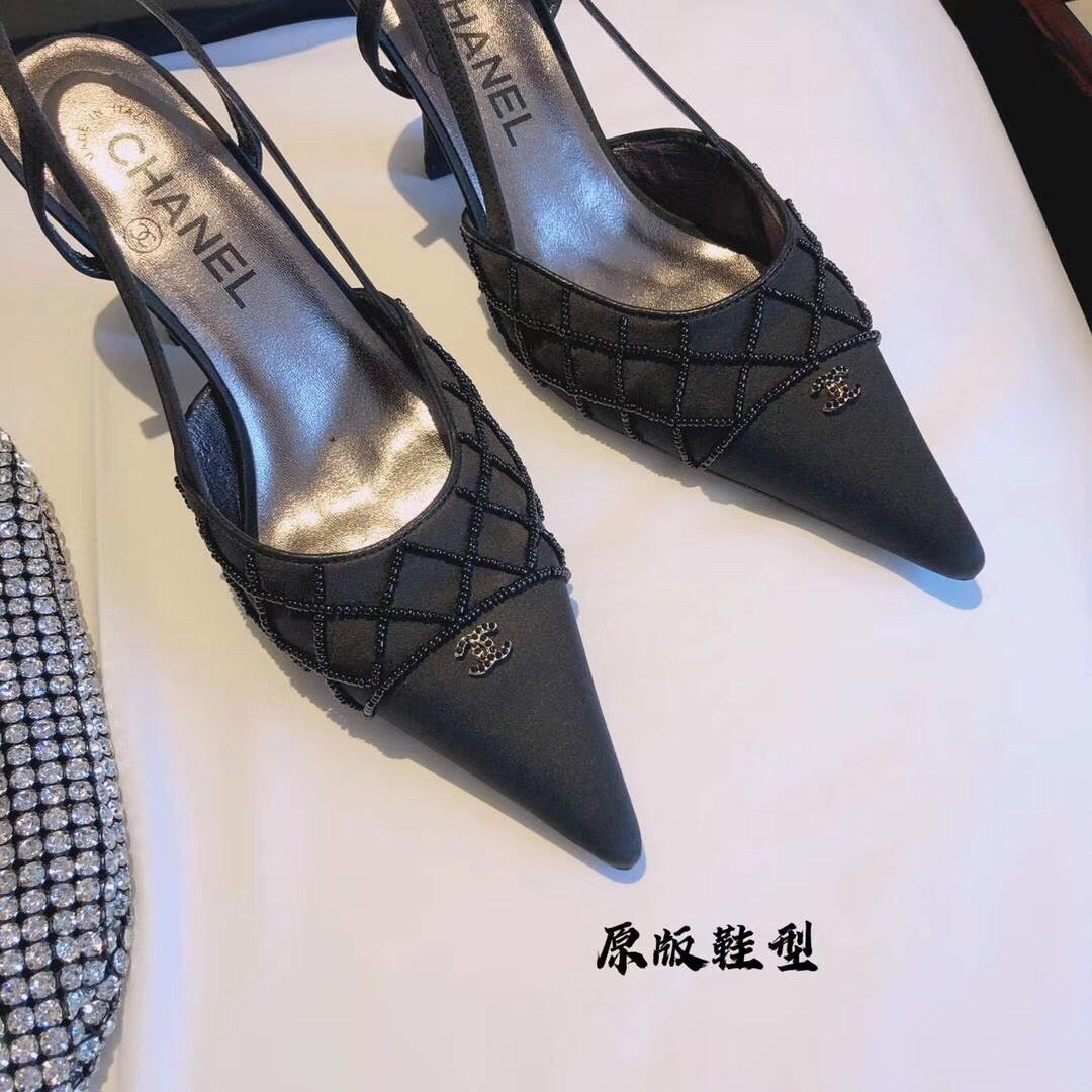 CC Beads Embellished Slingback 7.5cm Black Satin 817409
