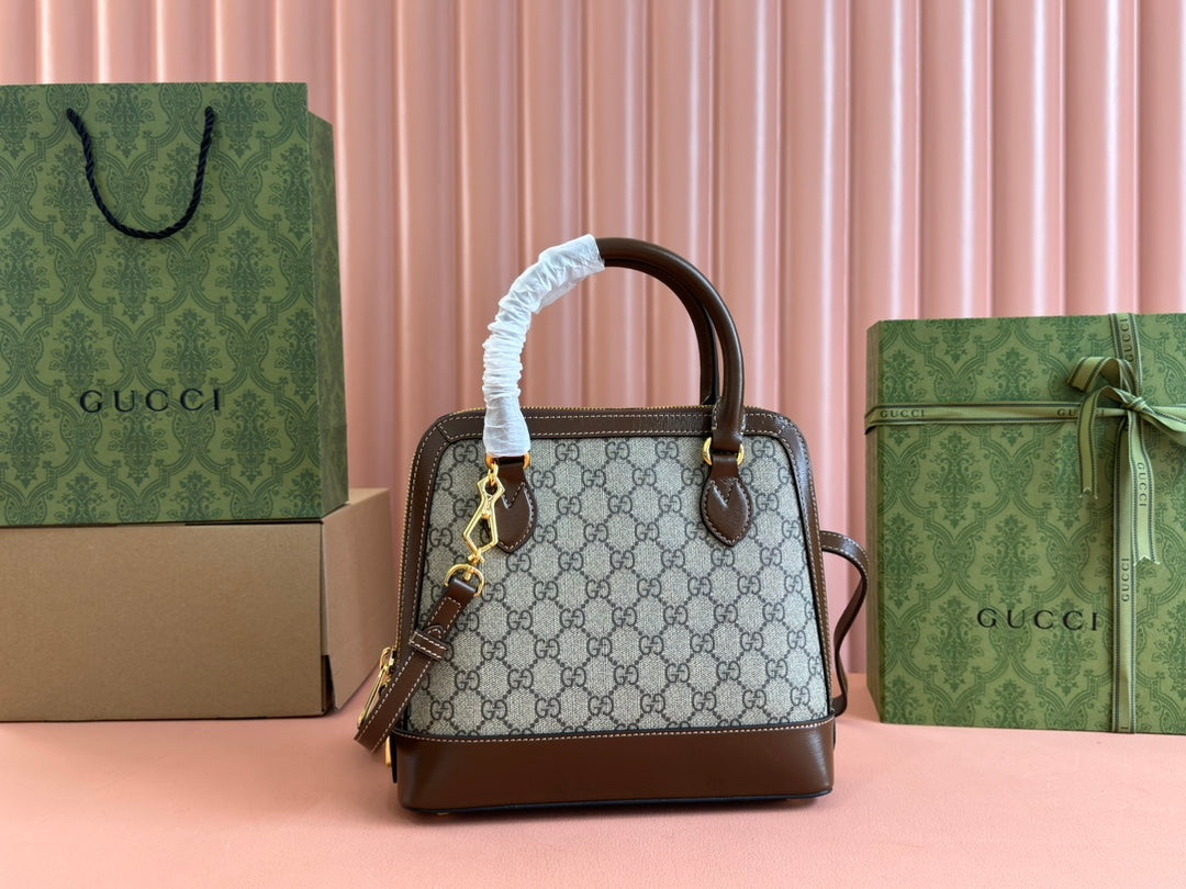 GG Horsebit 1955 Small Top Handle Bag Beige & Dark Brown GG Monogram Fabric 272173