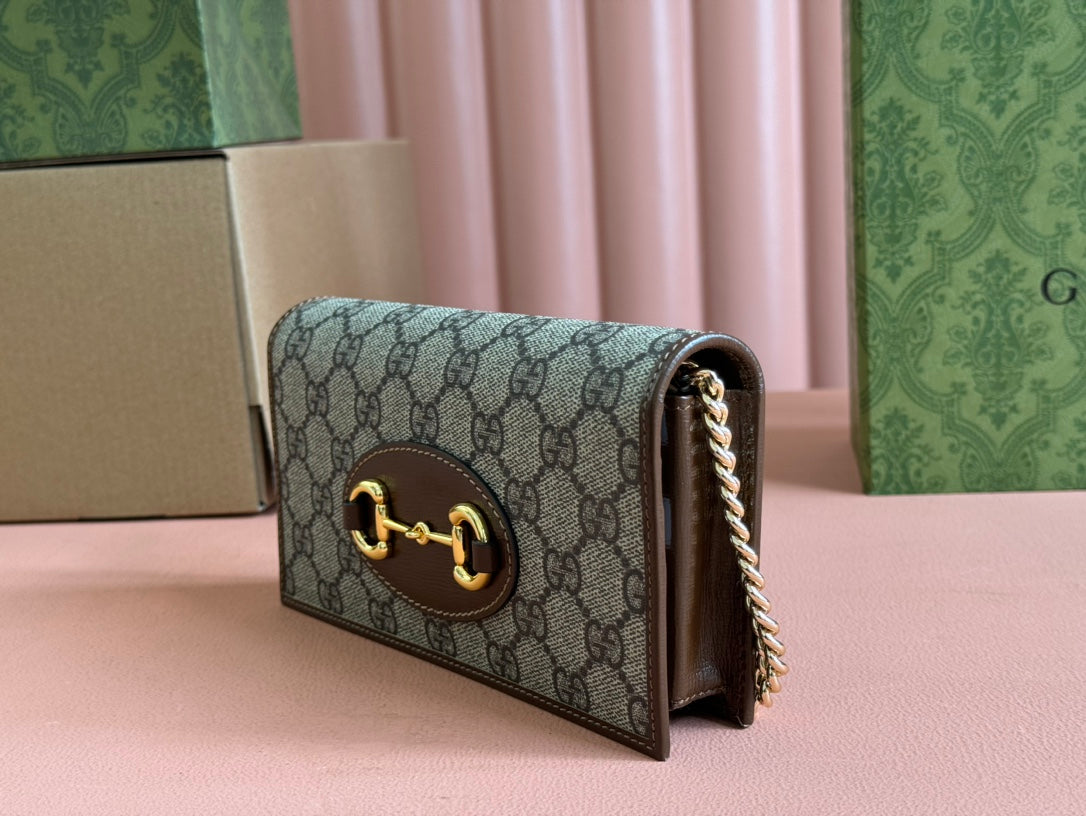 GG Horsebit 1955 Wallet On Chain Brown Beige Canvas Cowhide