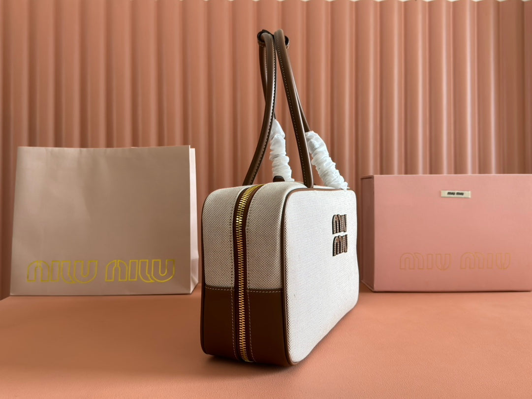 Miu Beau Medium Bag 34cm Soft Beige Cotton Brown Cowhide 257973