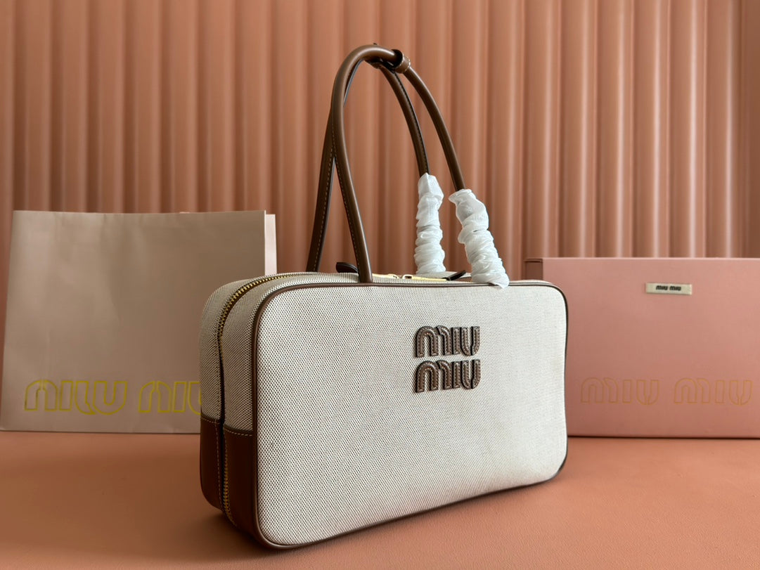 Miu Beau Medium Bag 34cm Soft Beige Cotton Brown Cowhide 257973