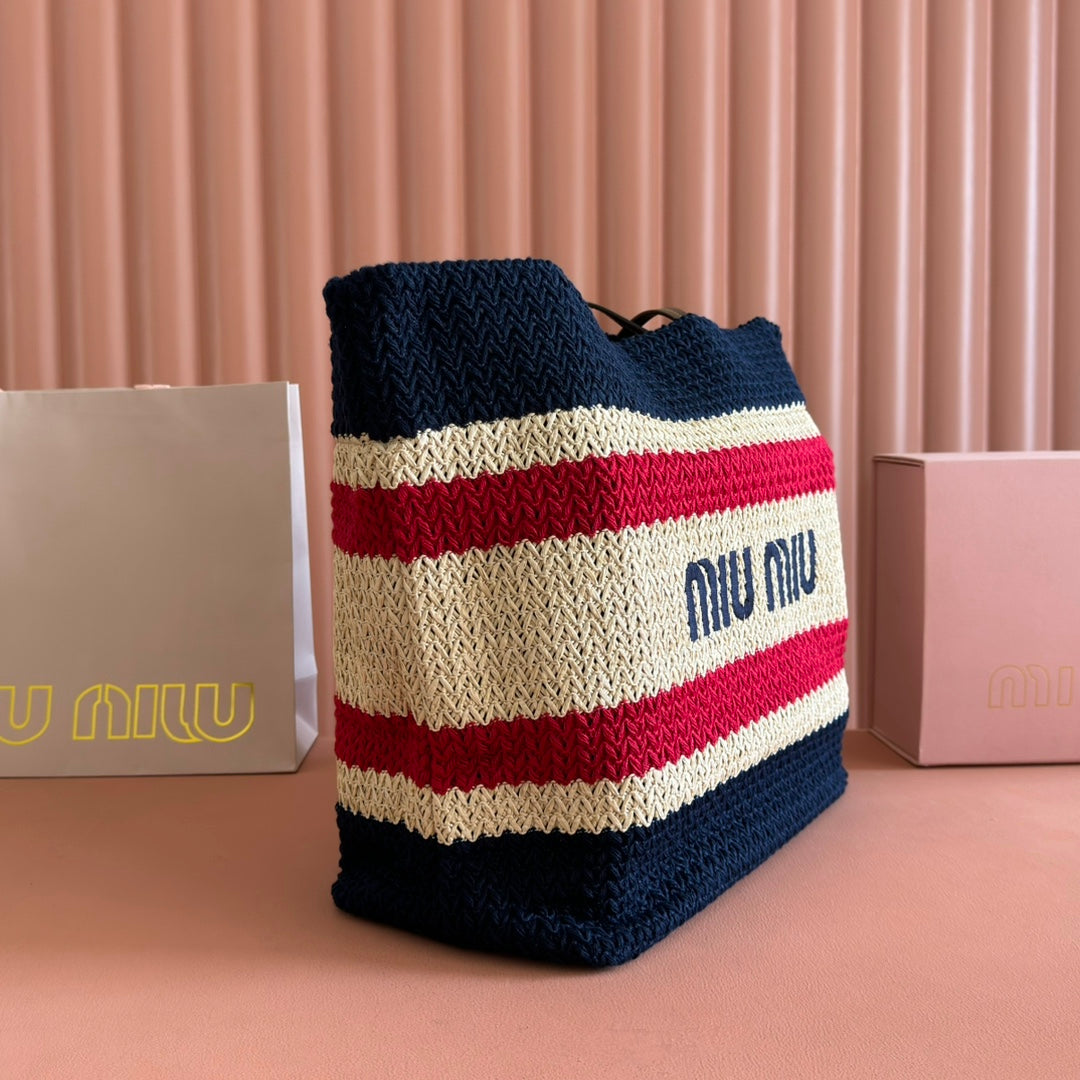 Miu Tote Bag 40cm Navy Blue Beige Red Raffia-Effect Woven 285406