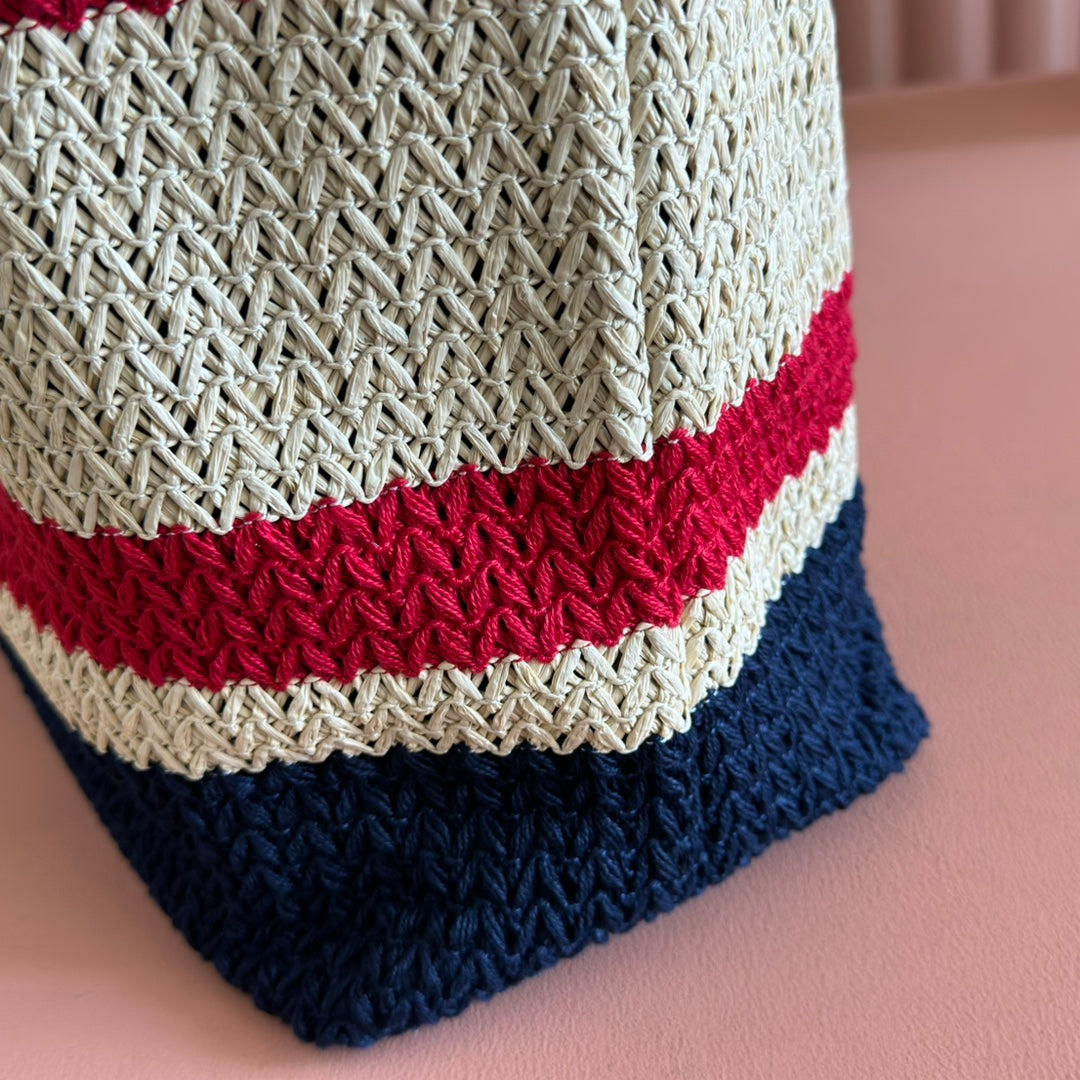 Miu Tote Bag 40cm Navy Blue Beige Red Raffia-Effect Woven 285406