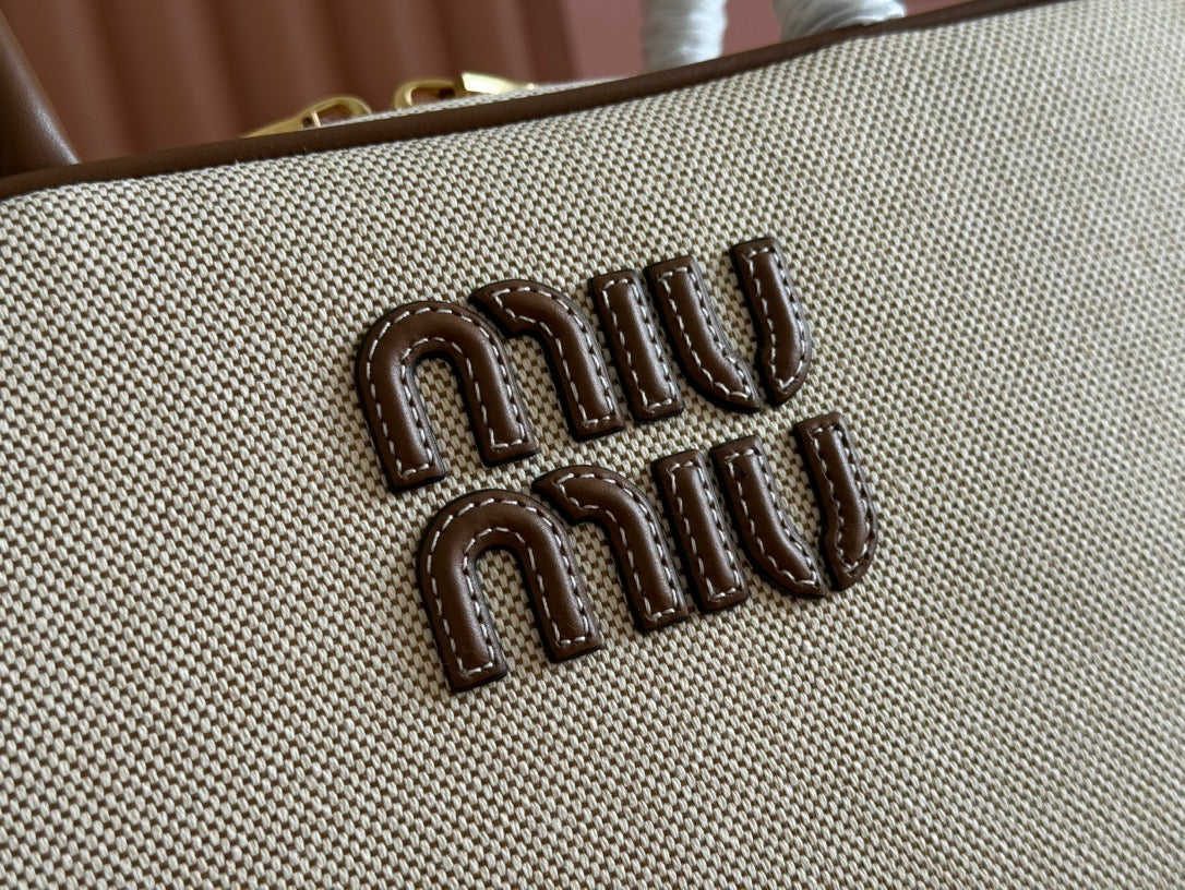 Miu Beau Medium Bag 29cm Soft Beige Cotton Brown Cowhide 257976