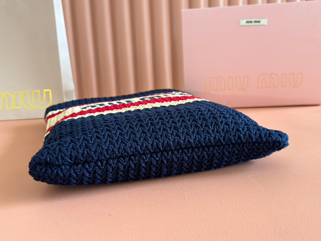 Miu Crochet Tote Bag 30x38 Beige Dark Blue Raffia-Effect Woven 285257