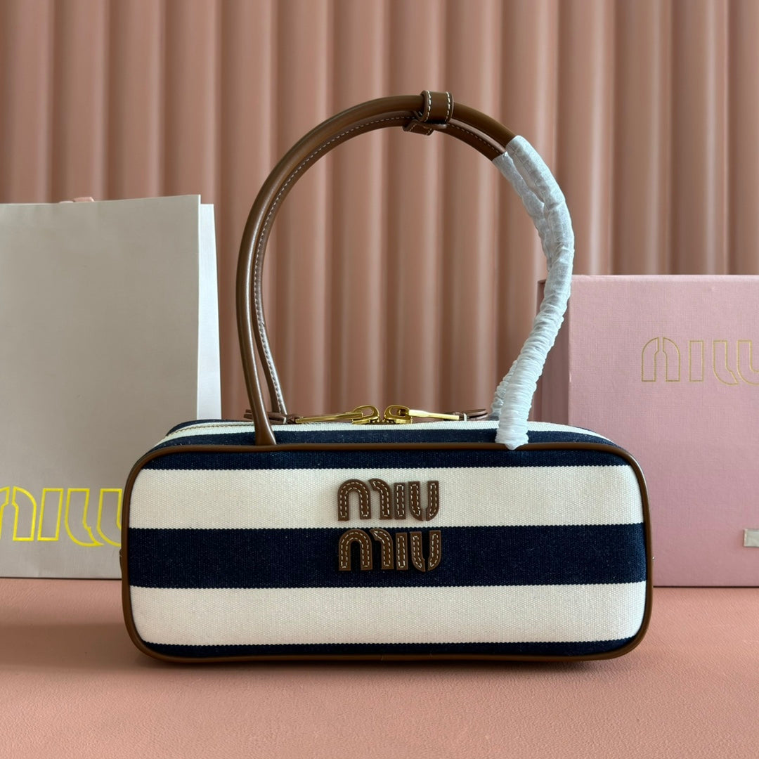 Miu Beau Small Bag 28cm Soft Beige Mix Dark Navy Blue Brown Cotton Cowhide 257951
