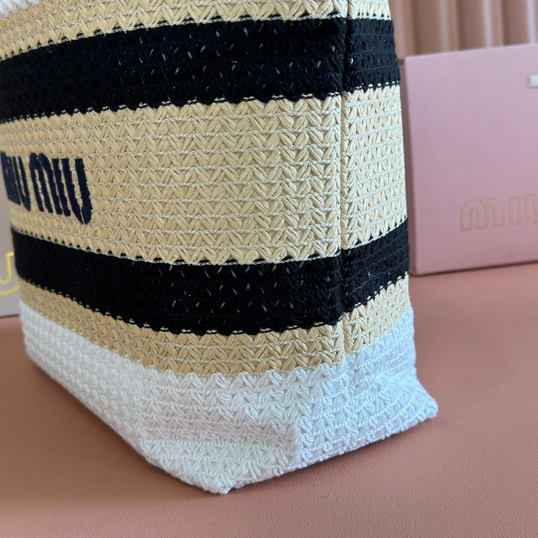 Miu Tote Bag 40cm Beige White Black Raffia-Effect Woven 285413