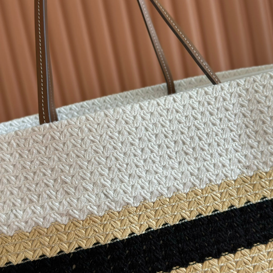 Miu Tote Bag 40cm Beige White Black Raffia-Effect Woven 285413