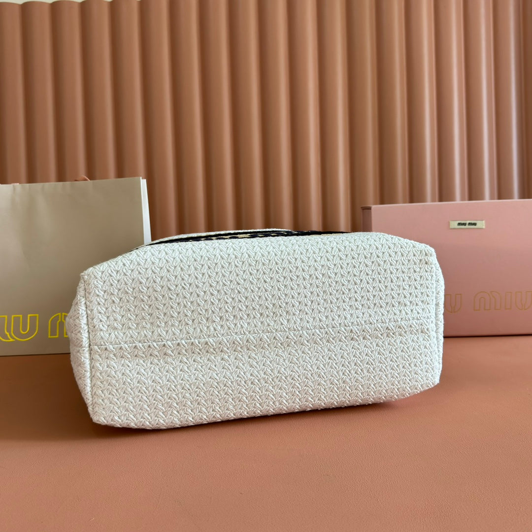 Miu Tote Bag 40cm Beige White Black Raffia-Effect Woven 285413
