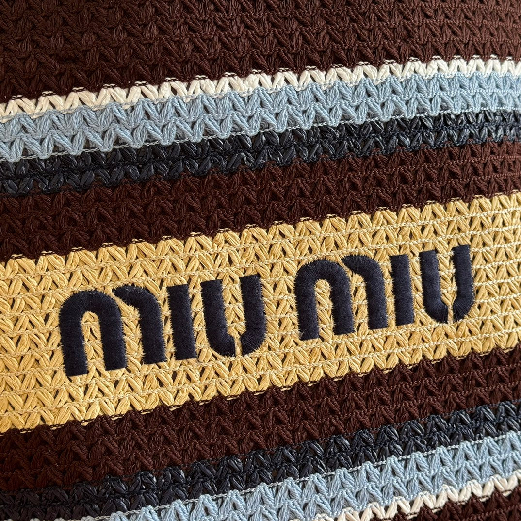 Miu Tote Bag 40cm Beige Brown Blue Raffia-Effect Woven 285416