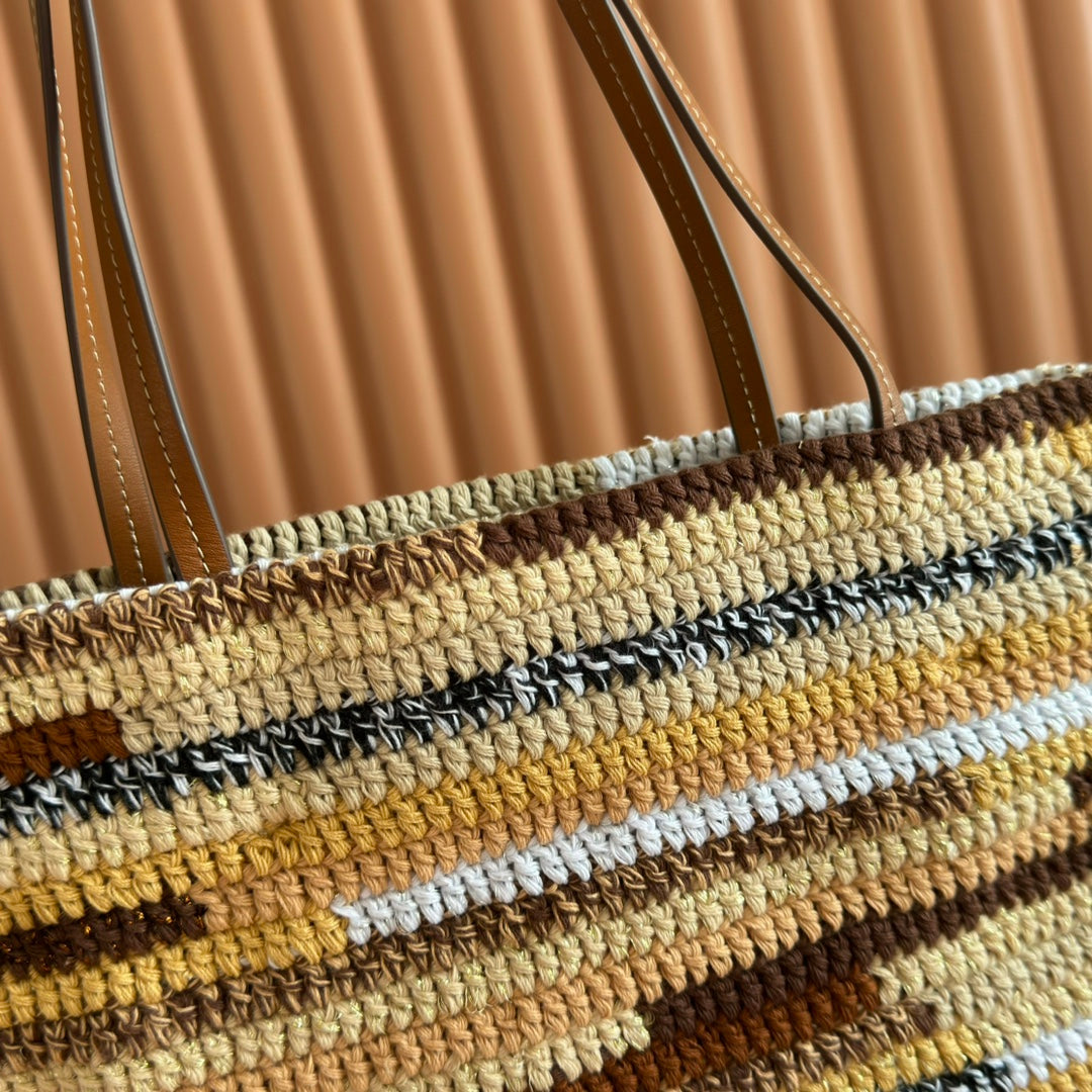 Miu Crochet Tote Bag 30x38 Beige Colorful Raffia-Effect Woven 285253